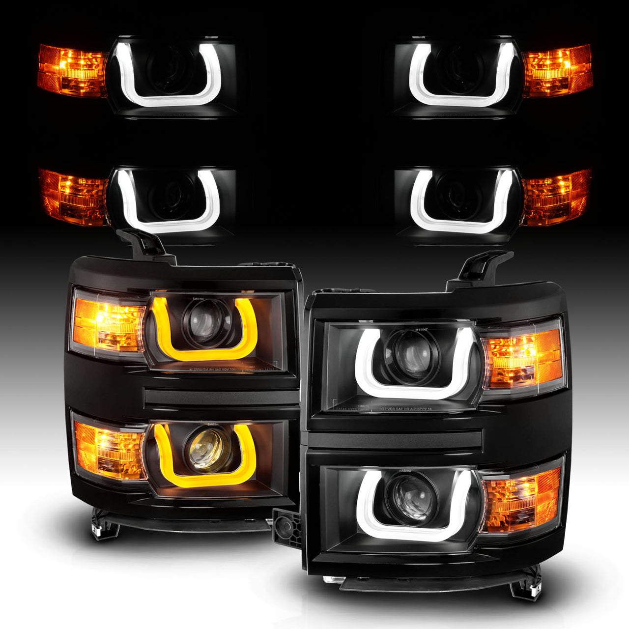 CHEVY SILVERADO 14 PROJECTOR DOUBLE COLOR U BAR STYLE H.L BLACK  WITH BLACK TRIM AMBER