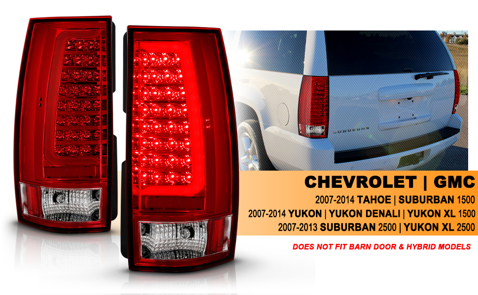 CHEVY TAHOE/SUBURBAN 07-14 LED TAIL LIGHTS RED/CLEAR W/ C LIGHT BAR