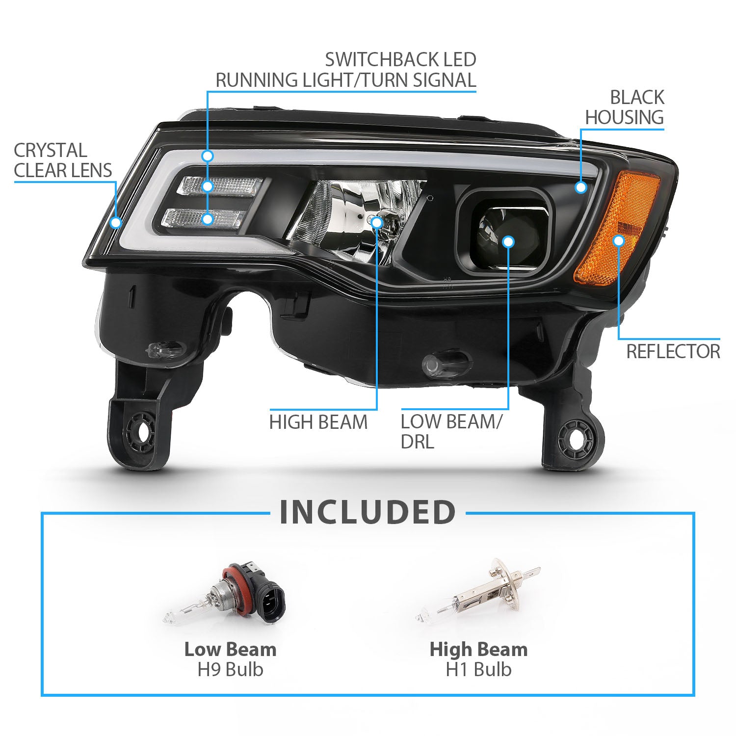 JEEP GRAND CHEROKEE 17-18 PROJECTOR LIGHT BAR STYLE SWITCHBACK HEADLIGHTS BLACK AMBER