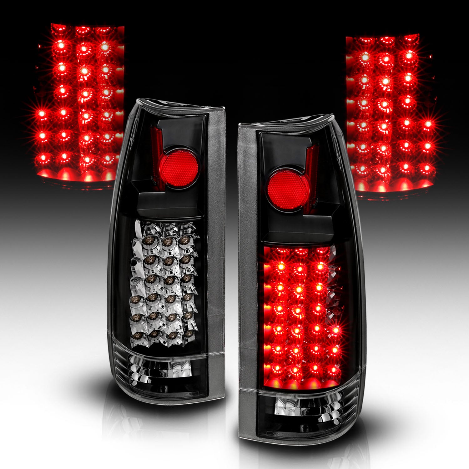 Chevy/GMC C/K 1500/2500/3500 88-99, SUBURBAN/YUKON 92-00, TAHOE 94-00, BLAZER 92-94, CADILLAC ESCALADE 99-00 LED TAIL LIGHTS BLACK HOUSING CLEAR LENS G2