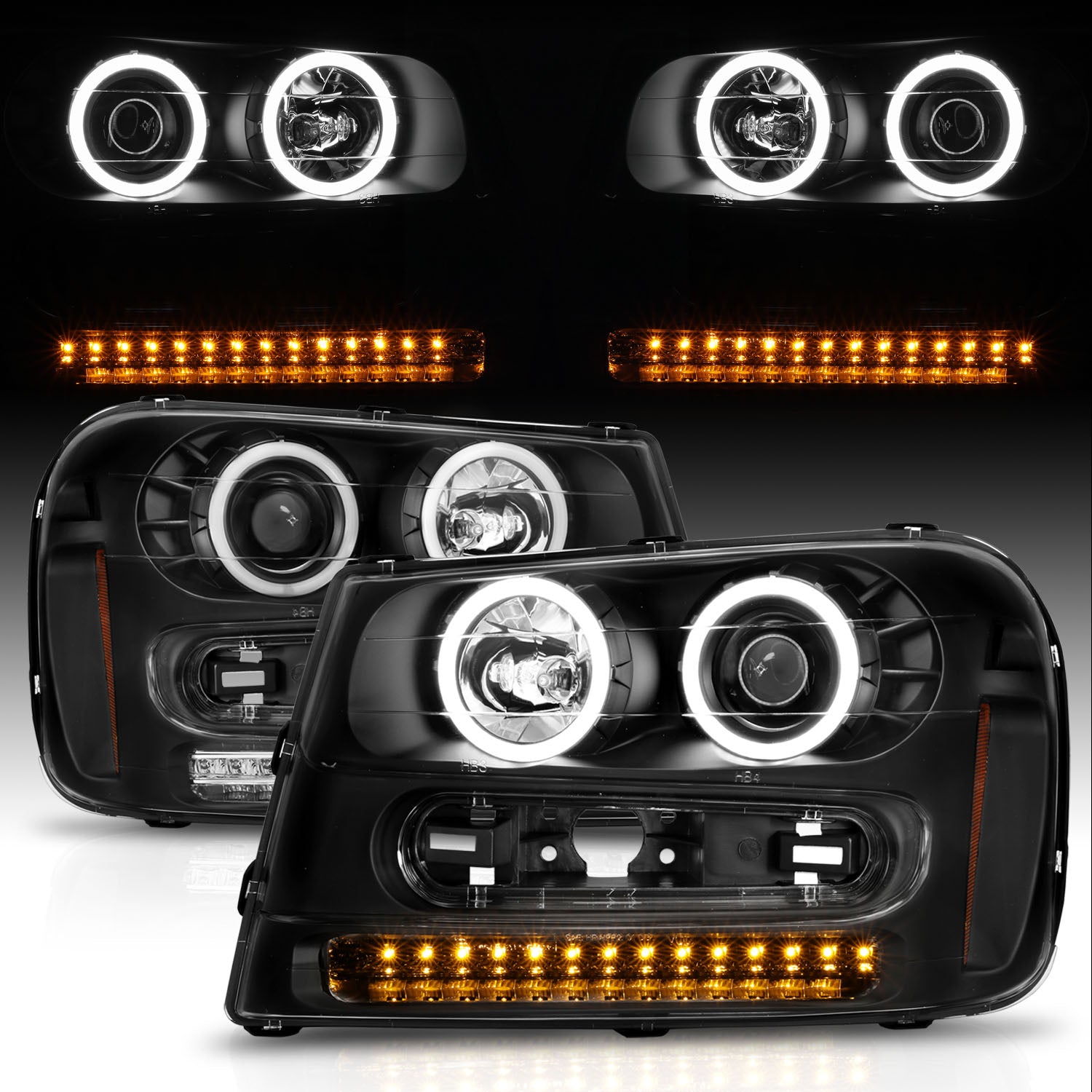 CHEVY TRAILBLAZER 02-05 PROJECTOR HEADLIGHTS HALO BLACK CLEAR AMBER (RX HALO)