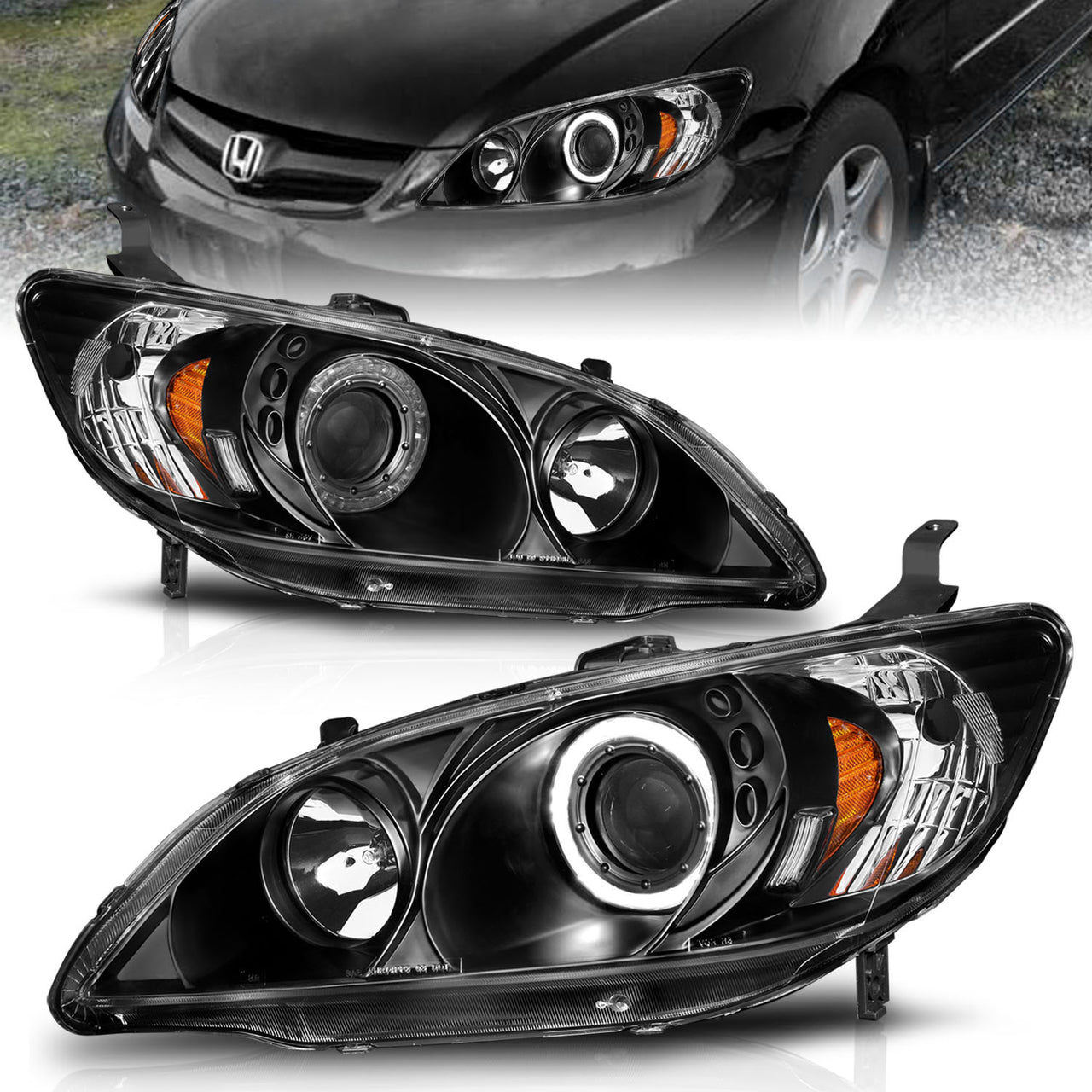 HONDA CIVIC 04-05 2/3/4DR PROJECTOR HEADLIGHTS HALO BLACK CLEAR AMBER