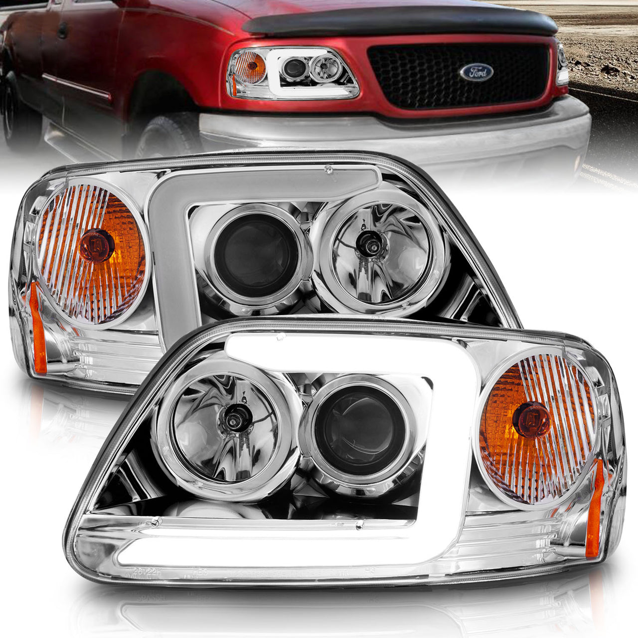 FORD F-150 97-04 (01-04: XL/XLT/LARIAT MODEL: W/O STX OR HERITAGE EDITION) PROJECTOR HEADLIGHTS CHROME AMBER (C LIGHT BAR)