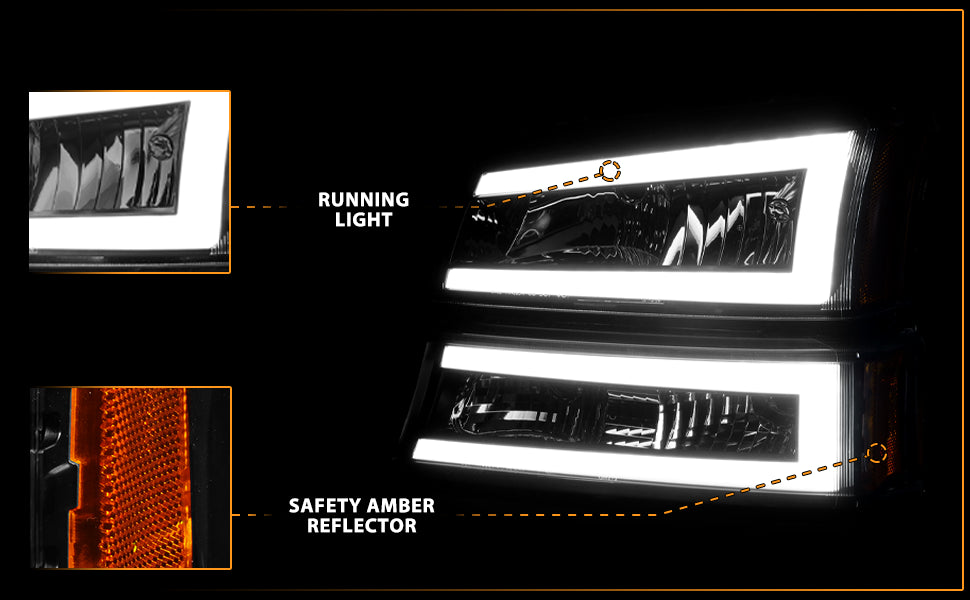 CHEVY SILVERADO 03-07/ AVALANCHE 02-06 HEADLIGHTS W/ SIGNAL LIGHT BLACK HOUSING AMBER (4 PCS) (W/ C LIGHT BAR) W/O BODY CLADDING