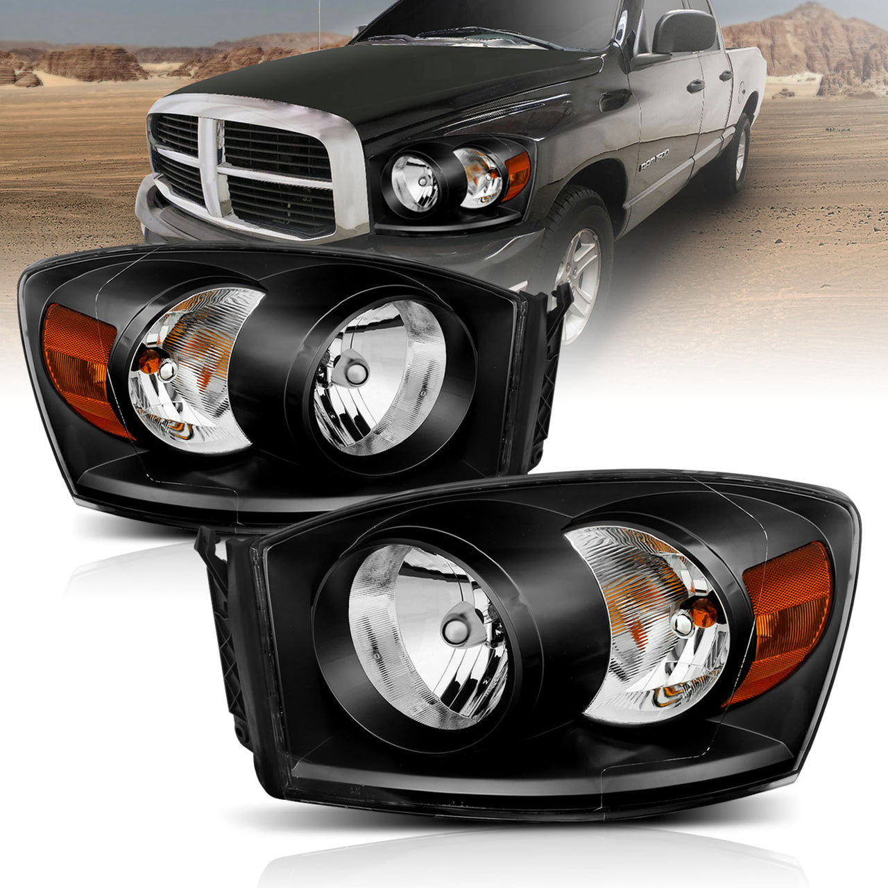 DODGE RAM 1500 06-08/ 2500/3500 06-09  HEADLIGHTS BLACK AMBER