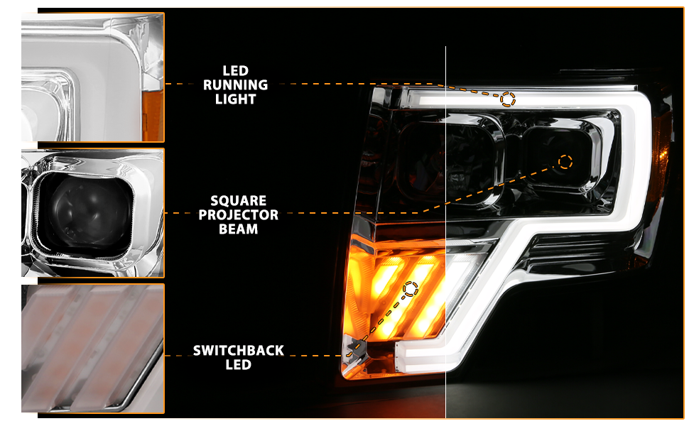 FORD F-150 09-13 PROJECTOR LIGHT BAR STYLE SWITCHBACK HEADLIGHTS G4 CHROME AMBER