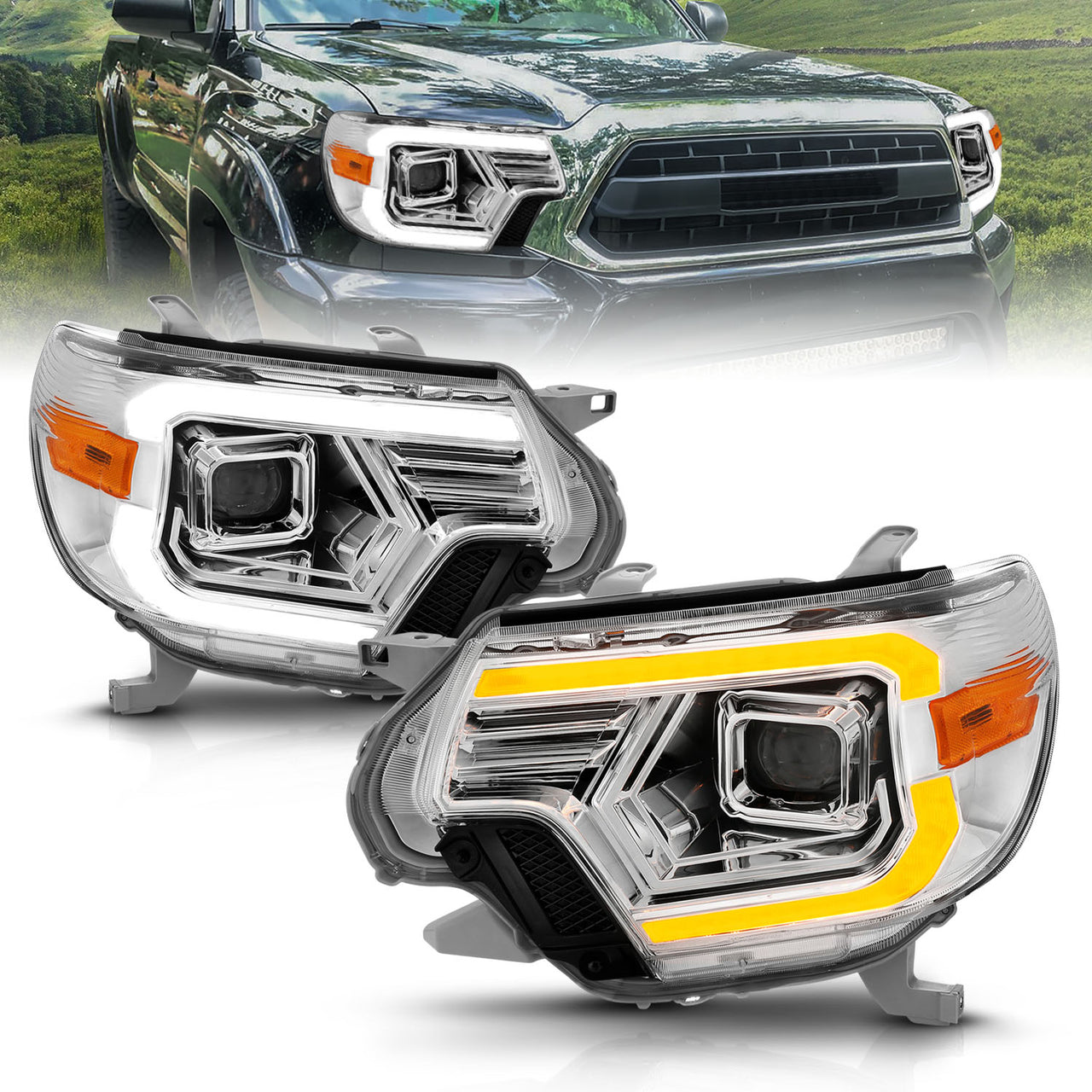 TOYOTA TACOMA 12-15  PROJECTOR SWITCHBACK HEADLIGHTS CHROME AMBER (W/ C LIGHTS BAR)