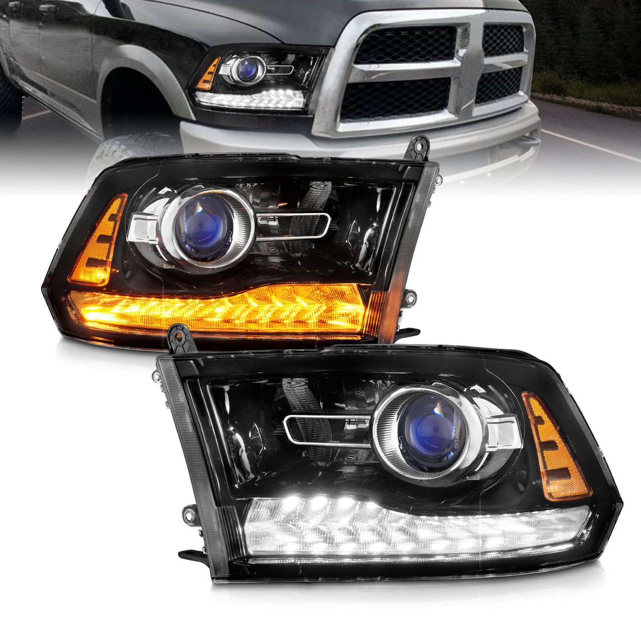 DODGE RAM 09-18 PROJECTOR PLANK STYLE SWITCHBACK H.L BLACK AMBER (OE STYLE) (LIGHT BLACK) (ALL MODEL)