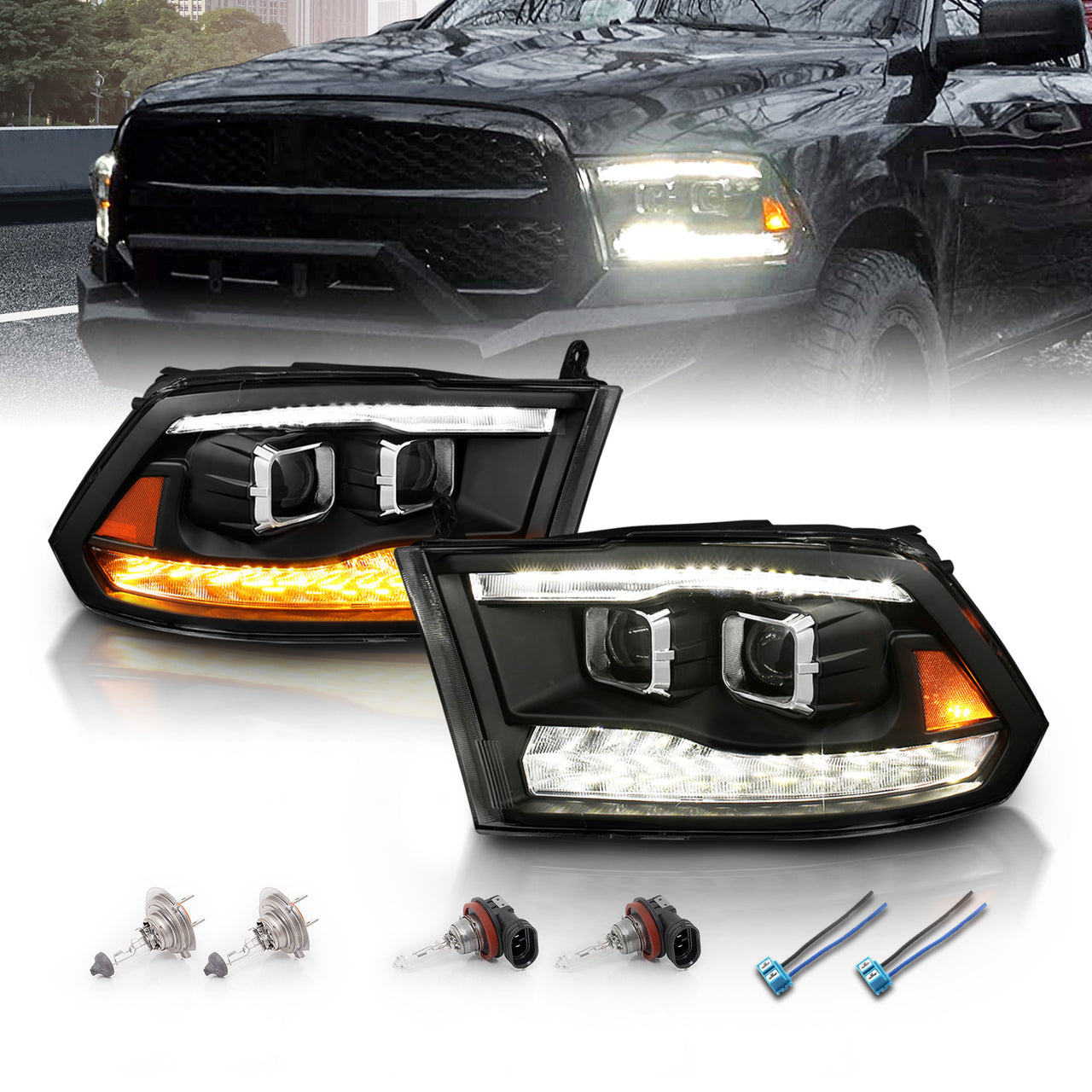 DODGE RAM R1500 09-20/10-20 R2500/R3500 (CODE LMA) (W/O QUAD LAMP) DG RAM SPORT 13-20 PROJECTOR SWITCHBACK HEADLIGHTS BLACK AMBER