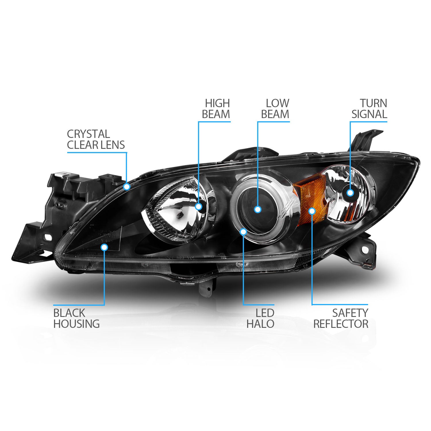 MAZDA 3 04-07 4DR PROJECTOR HEADLIGHTS HALO BLACK CLEAR AMBER (SUPER WHITE)