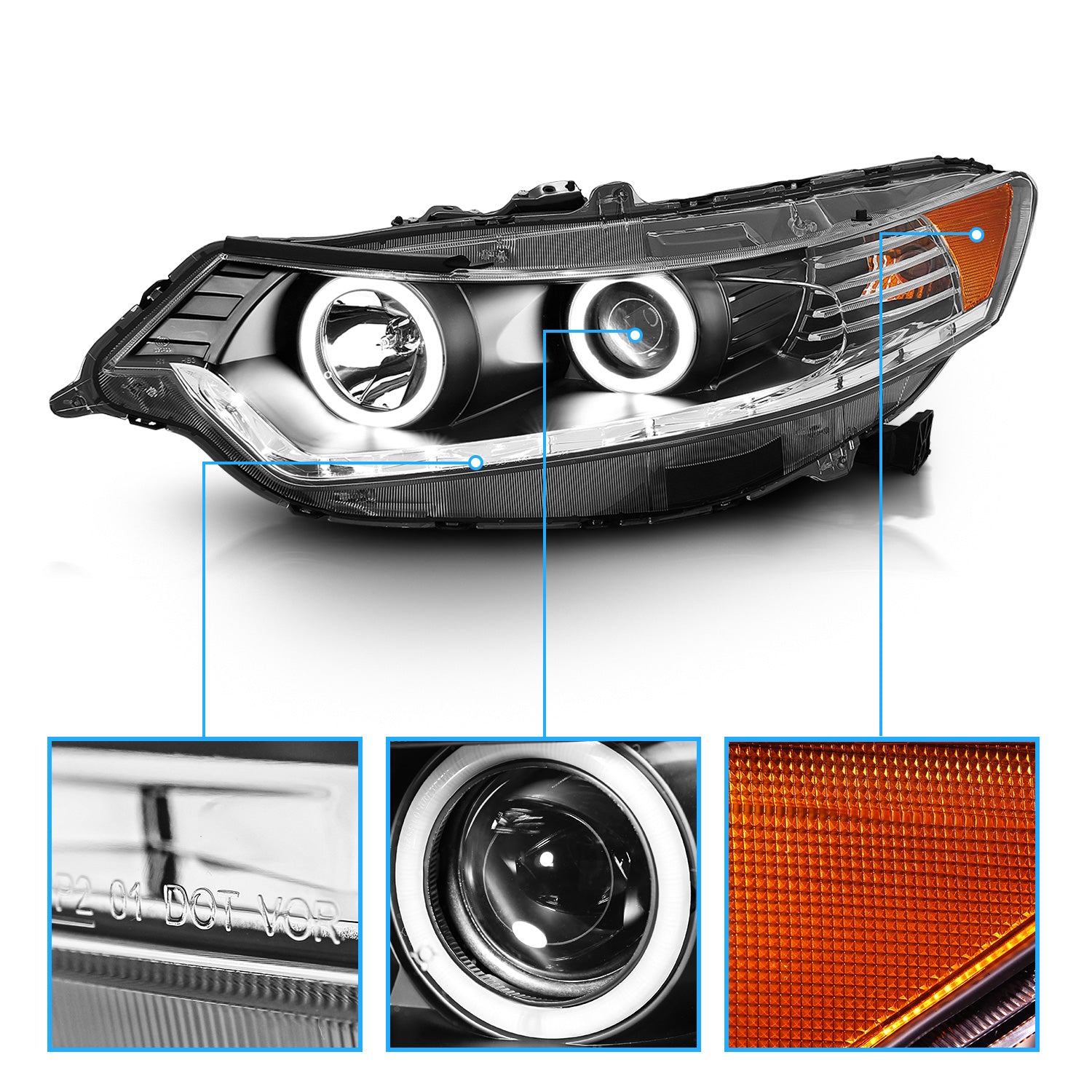ACURA TSX 09-10 PROJECTOR HEADLIGHTS HALO BLACK CLEAR AMBER (OEM HID COMPATIBLE) (RX HALO)