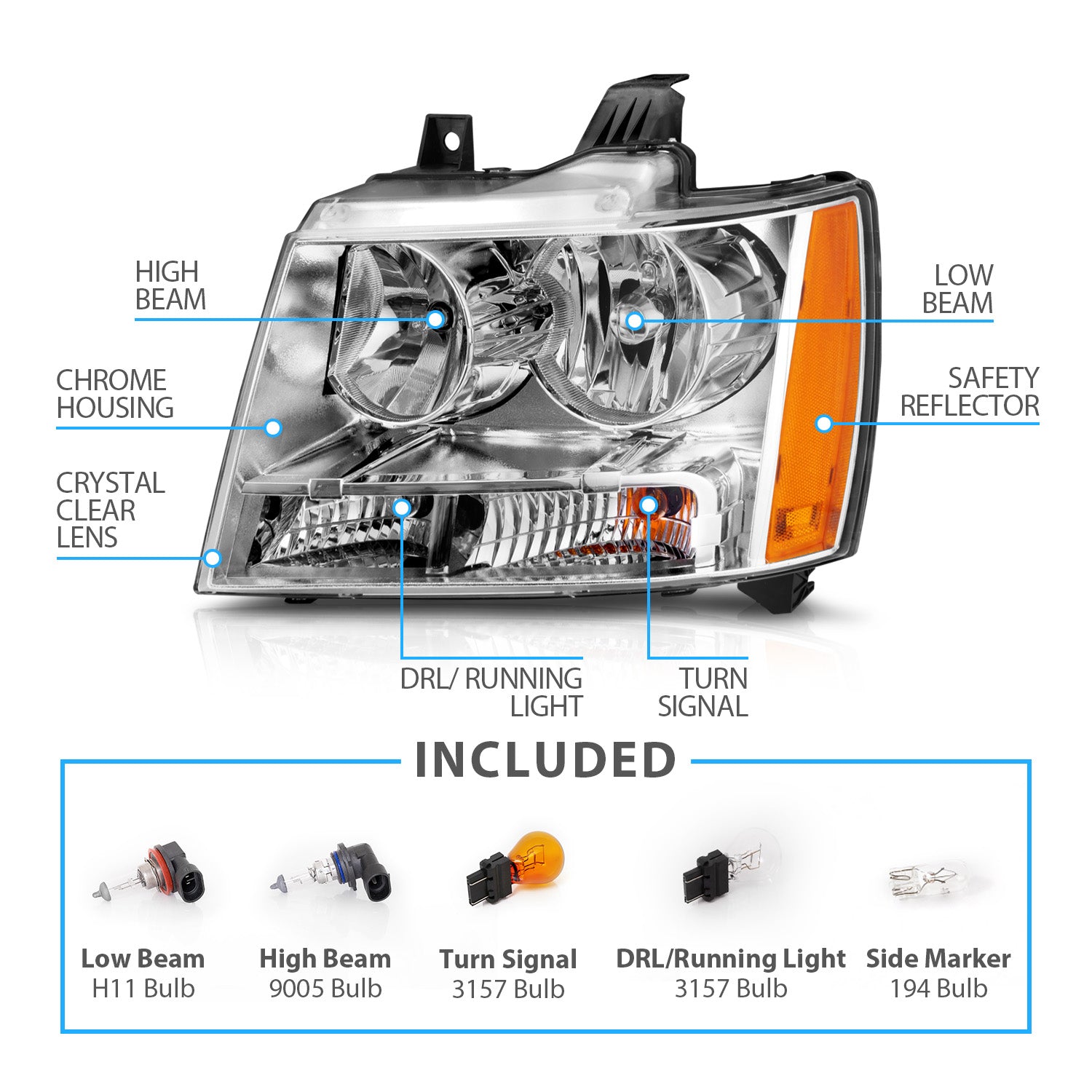 CHEVY TAHOE/SUBURBAN/AVALANCHE 07-14 HEADLIGHTS CHROME AMBER (OE REPLACEMENT)
