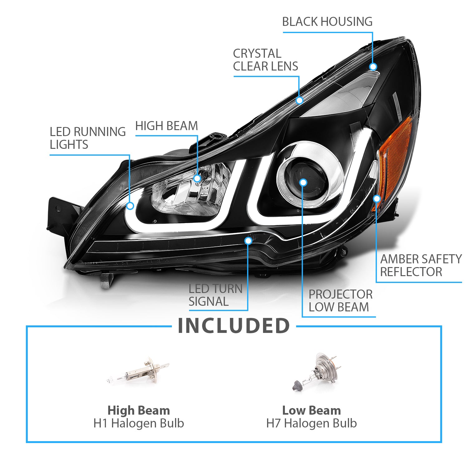SUBARU OUTBACK 10-12 U-BAR STYLE PROJECTOR HEADLIGHTS BLACK AMBER