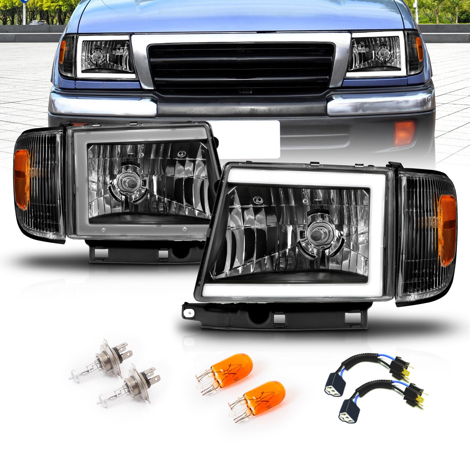 TOYOTA TACOMA 2WD (W/O PRERUNNER)   
 97-00 HEADLIGHTS BLACK (W/SIDE MARKERS)  (W/ C LIGHT BAR)