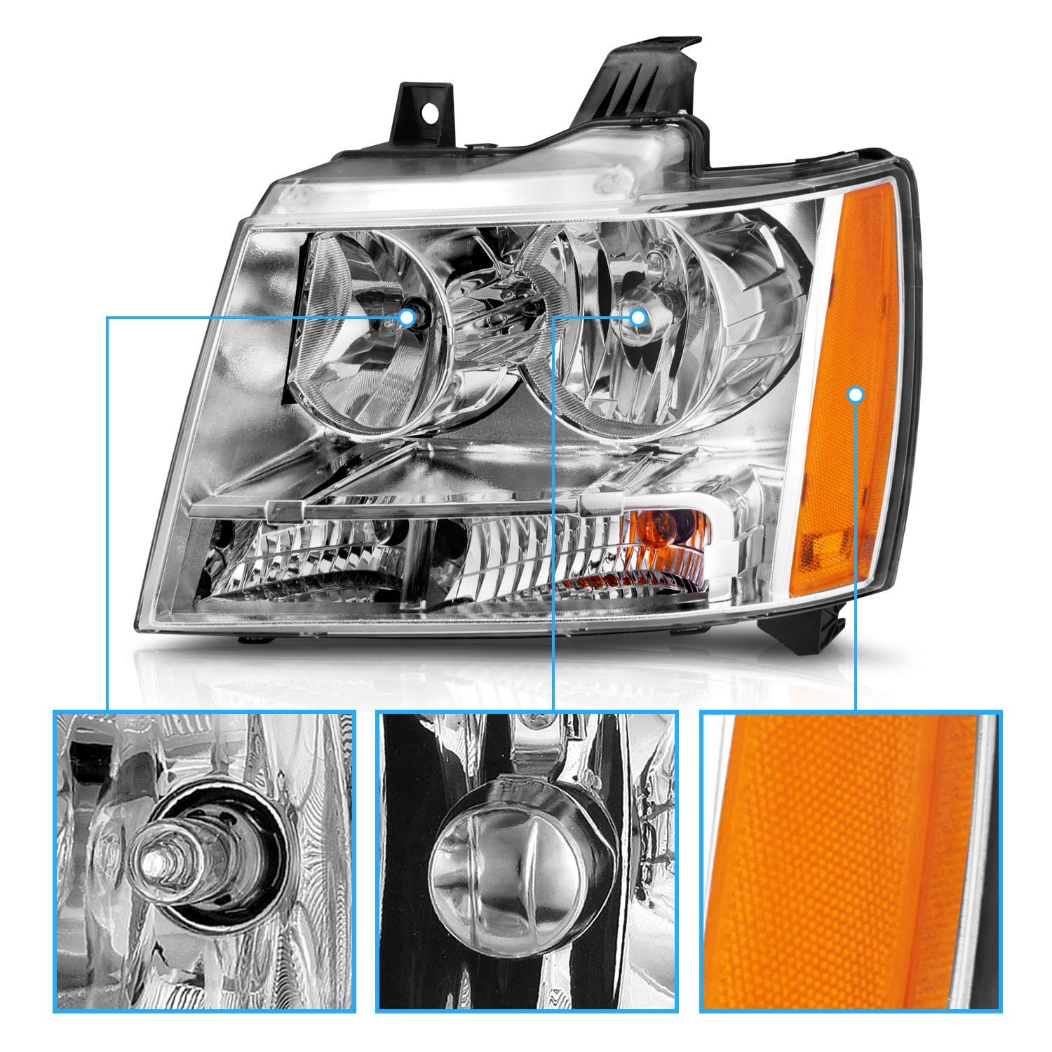 CHEVY TAHOE/SUBURBAN/AVALANCHE 07-14 HEADLIGHTS CHROME AMBER (OE REPLACEMENT)