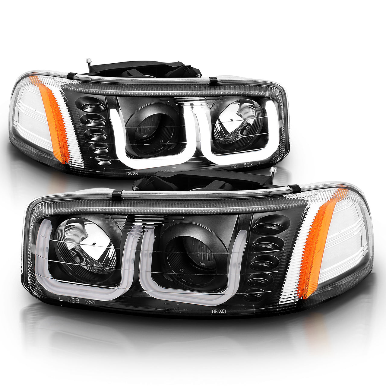 GMC SIERRA C3 99-02/SIERRA DENALI 99-07/YUKON/YUKON XL/YUKON DENALI 00-06 PROJECTOR HEADLIGHTS U-BAR CHROME BLACK AMBER