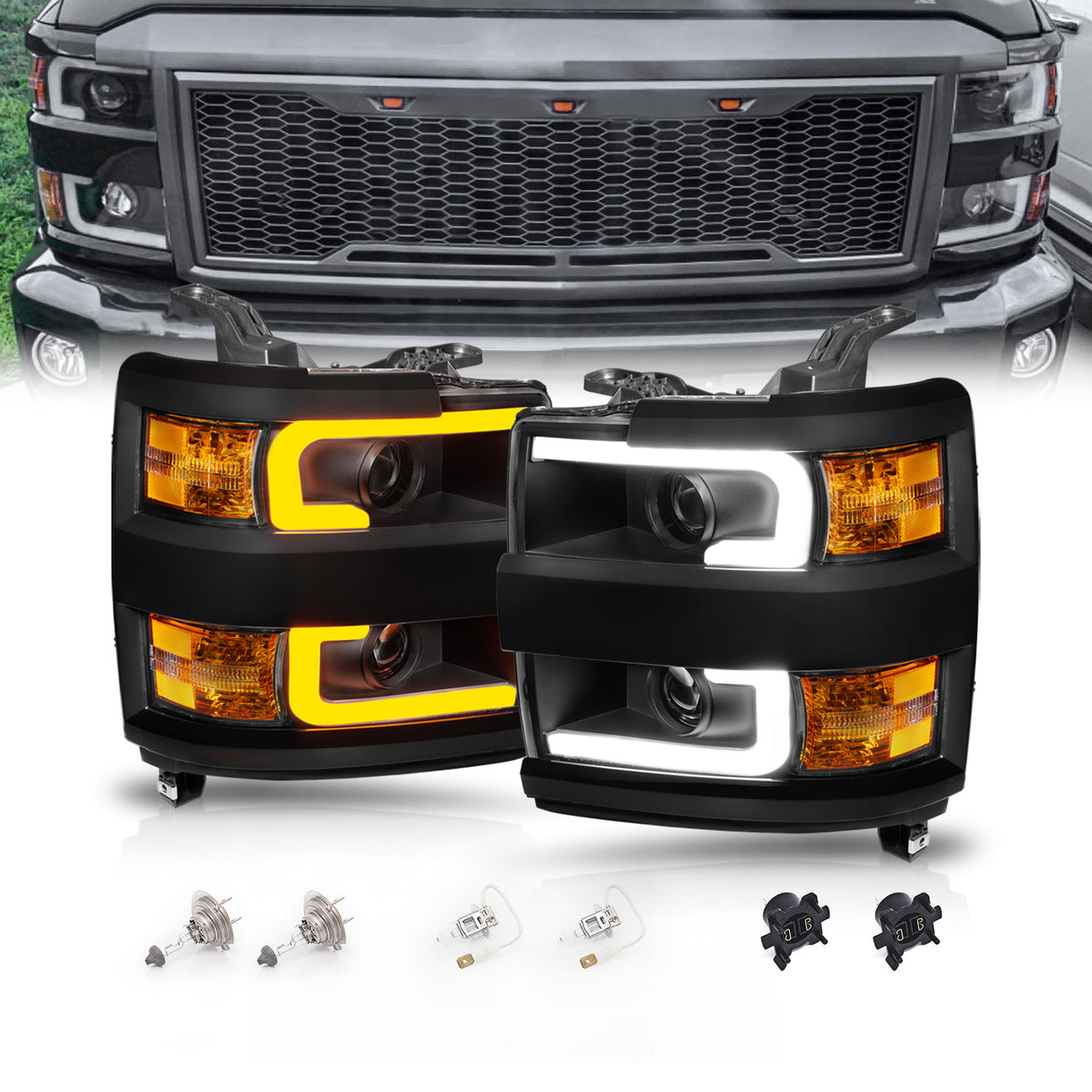 CHEVY SILVERADO 2500HD3500HD 15-17 PROJECTOR LIGHT BAR STYLE SWITCHBACK HEADLIGHTS BLACK AMBER (BLACK RIM)
