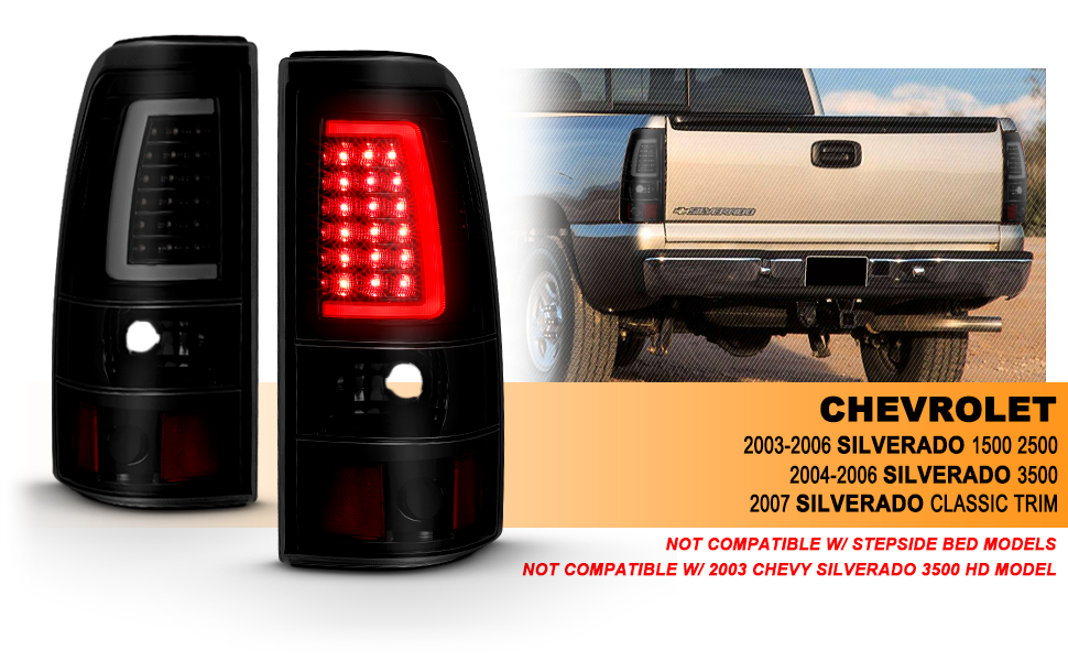 CHEVY SILVERADO 03-07 (1500/2500 SERIES 2003 & 1500/2500/3500 SRW SERIES LED TAIL LIGHTS BLACK HOUSING SMOKE LENS W/ C LIGHT BAR (3 HOLE)