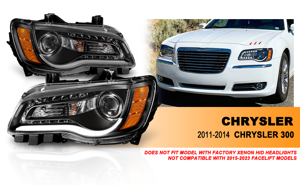 CHRYSLER 300 11-UP PROJECTOR LIGHT BAR STYLE HEADLIGHTS BLACK CLEAR AMBER