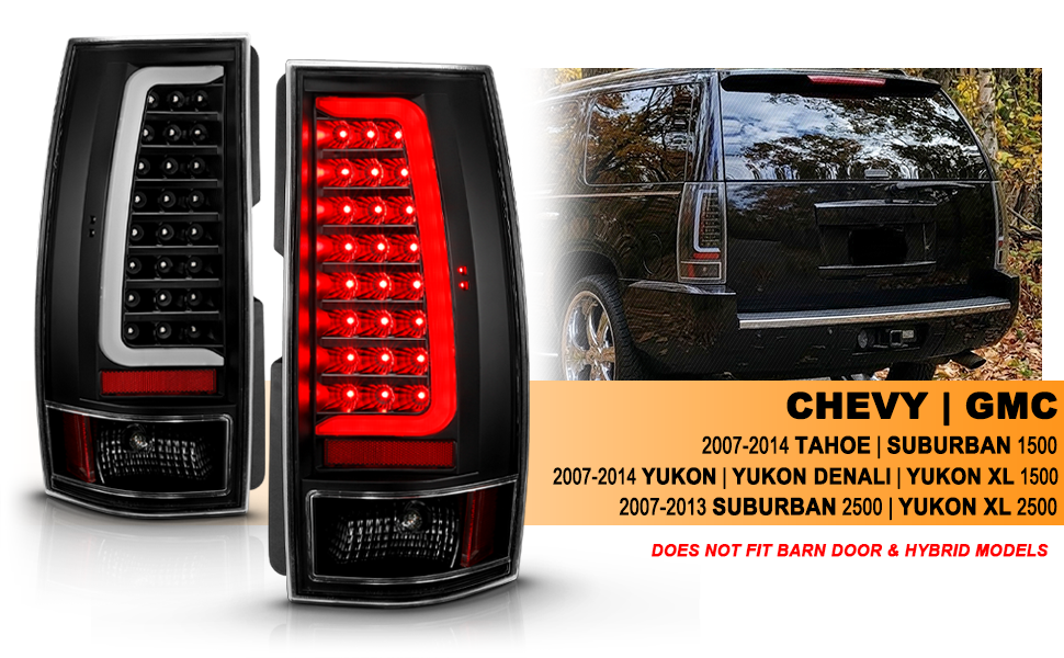 CHEVY TAHOE/SUBURBAN 07-14 LED TAIL LIGHTS BLACK HOUSING CLEAR LENS W/ C LIGHT BAR