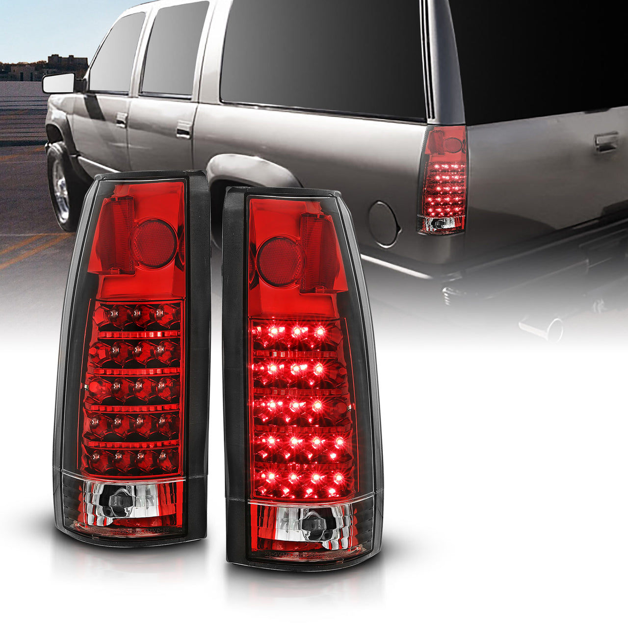 Chevy/GMC C/K 1500/2500/3500 88-99, SUBURBAN/YUKON 92-00, TAHOE 94-00, BLAZER 92-94, CADILLAC ESCALADE 99-00 LED TAIL LIGHTS RED HOUSING CRYSTAL LENS (NEW STYLE)