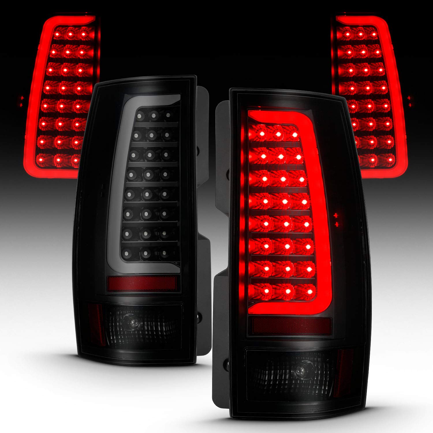 CHEVY TAHOE/SUBURBAN 07-14 LED TAIL LIGHTS BLACK HOUSING SMOKE LENS W/ C LIGHT BAR