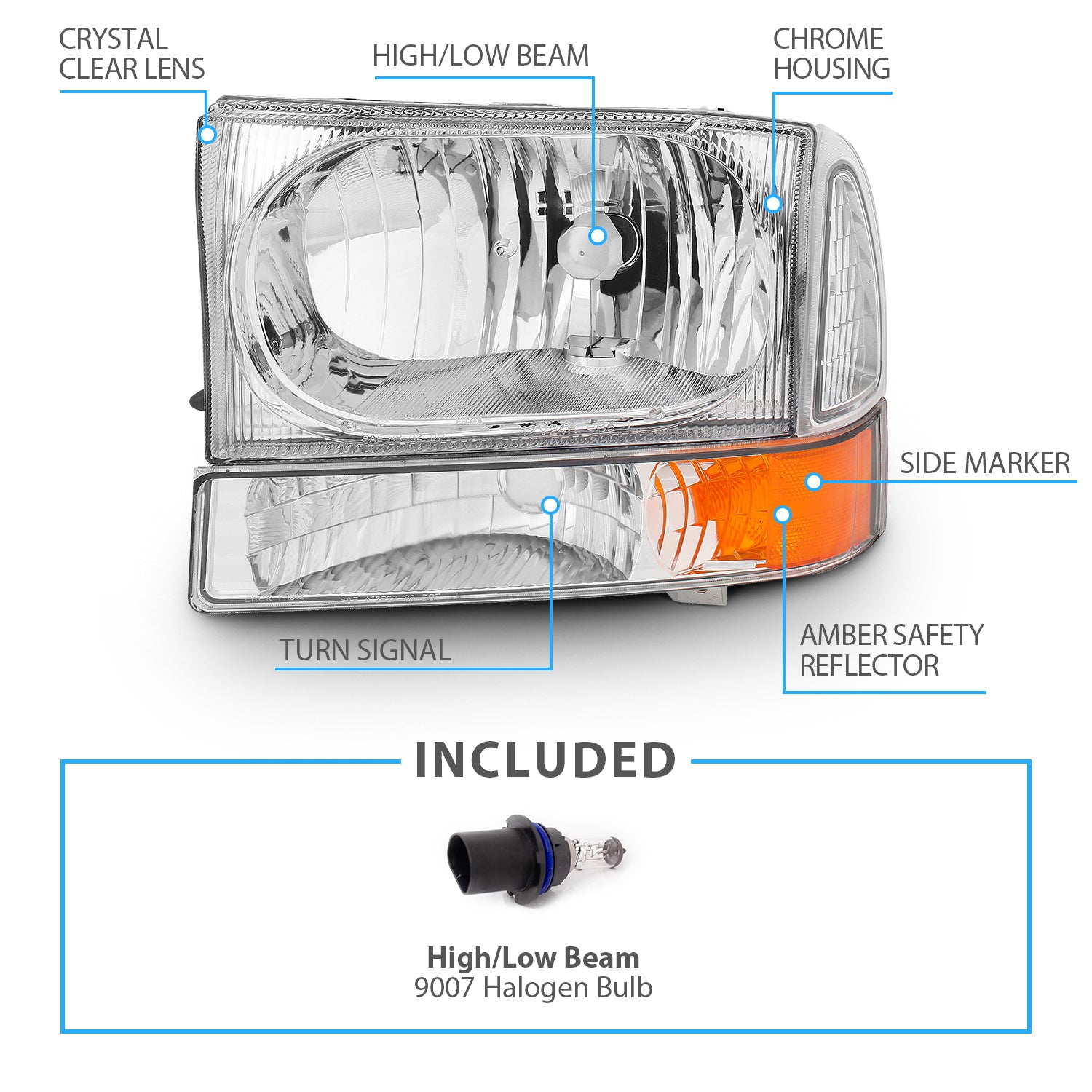 FORD EXCURSION 00-04/SUPER DUTY 99-04 HEADLIGHTS W/ CORNER LIGHTS CHROME AMBER