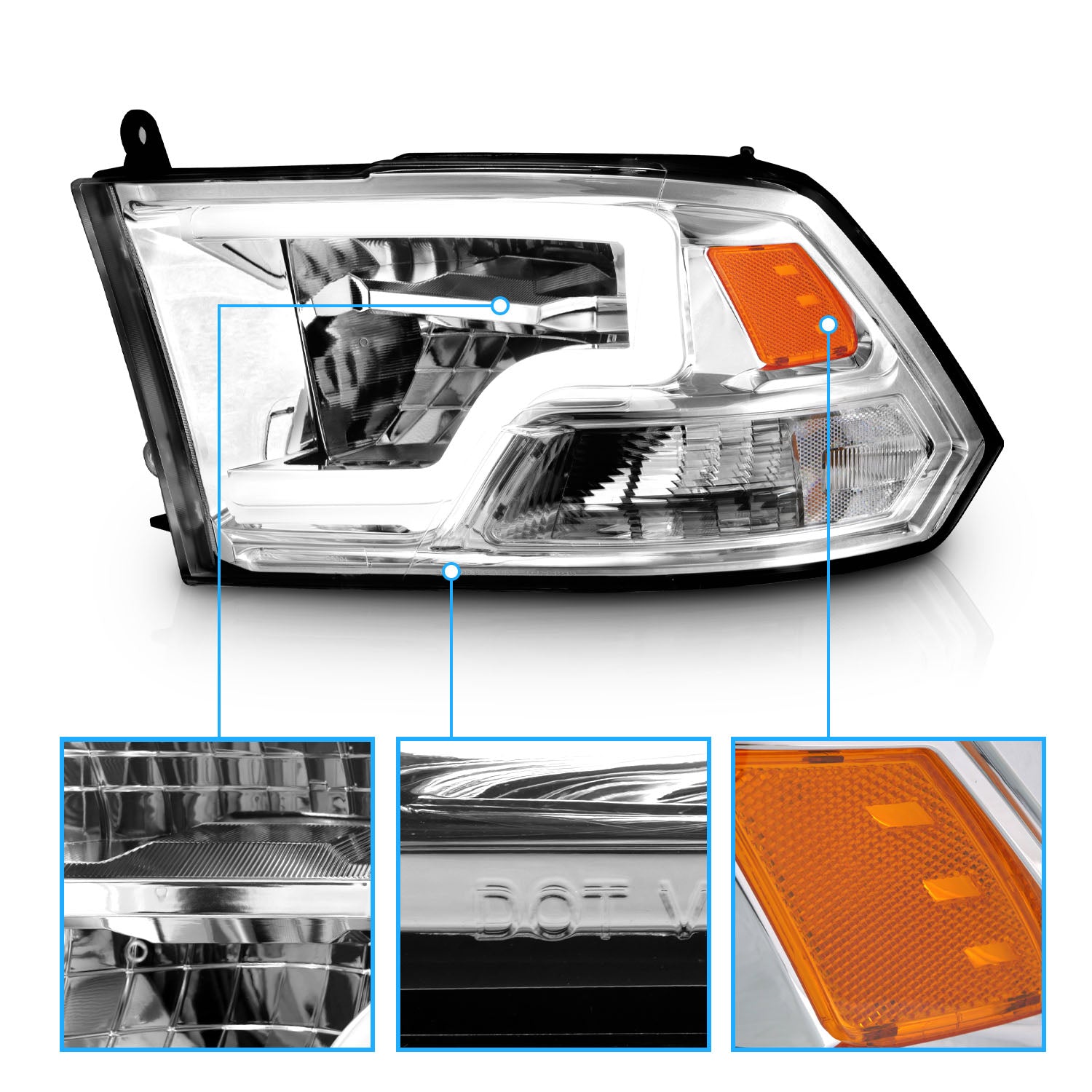 DODGE RAM 1500 09-20(W/O QUAD) / RAM 2500/3500 10-18 FULL LED HEADLIGHTS CHROME AMBER (LIGHT BAR)  (HALOGEN TYPE)