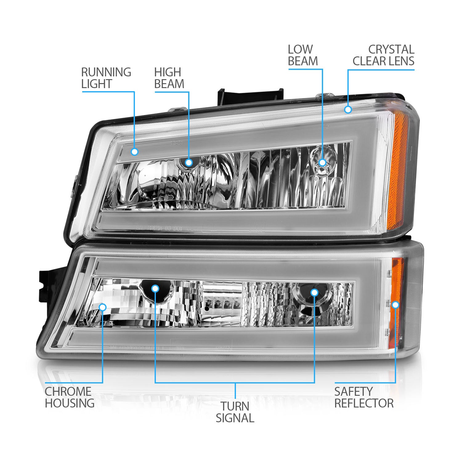 CHEVY SILVERADO 03-07/ AVALANCHE 02-06 HEADLIGHTS W/ SIGNAL LIGHT CHROME HOUSING AMBER (4 PCS) (W/ C LIGHT BAR) W/O BODY CLADDING
