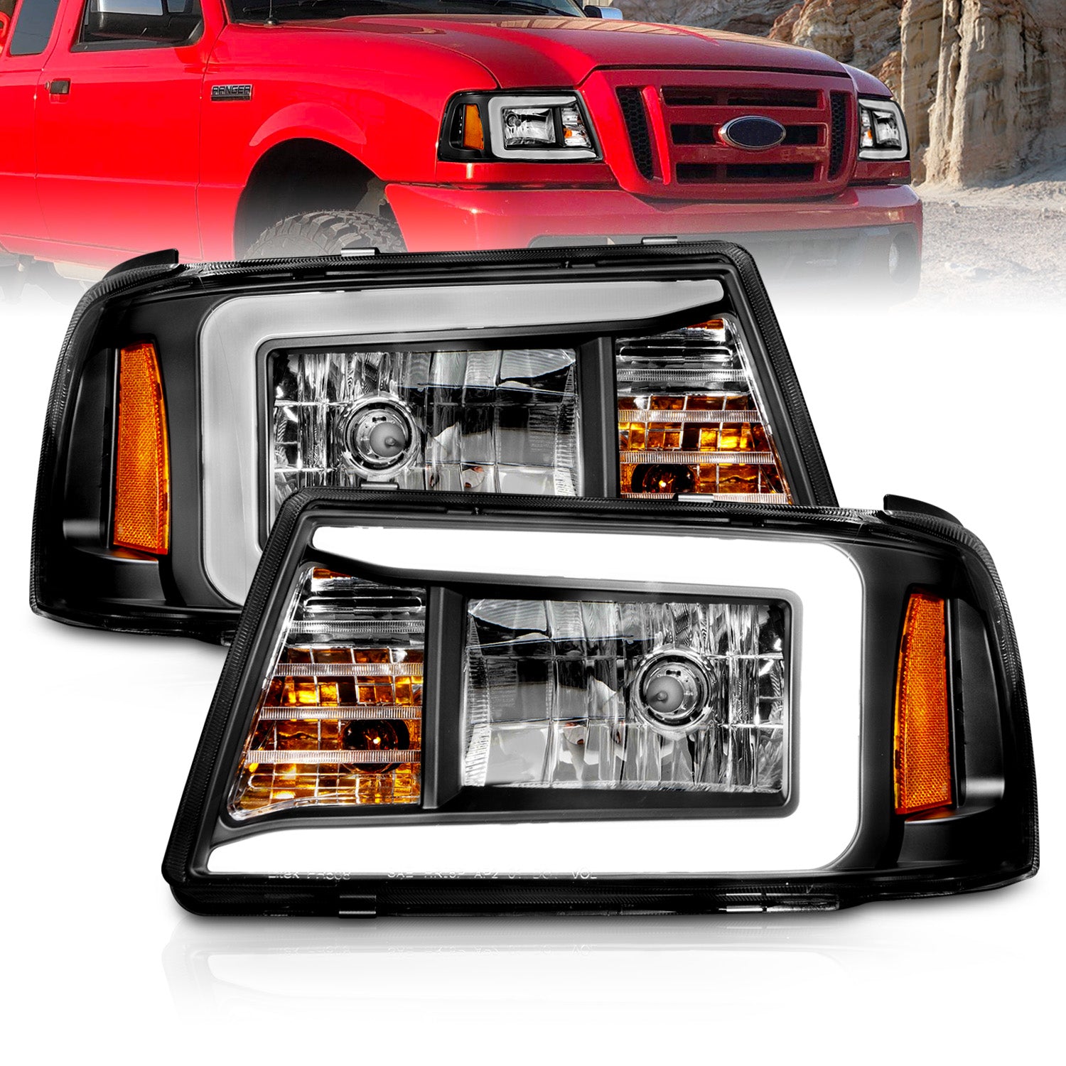 FORD RANGER 01-11 HEADLIGHTS HALO BLACK AMBER  (W/ C LIGHT BAR)