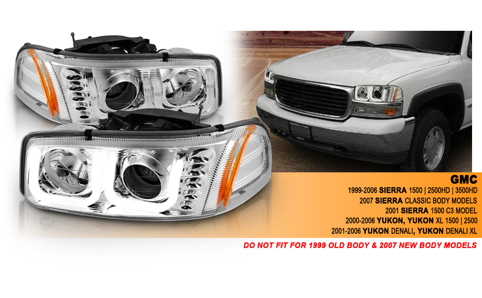 GMC SIERRA C3 99-02/SIERRA DENALI 99-07/YUKON/YUKON XL/YUKON DENALI 00-06 PROJECTOR HEADLIGHTS U-BAR CHROME CLEAR AMBER