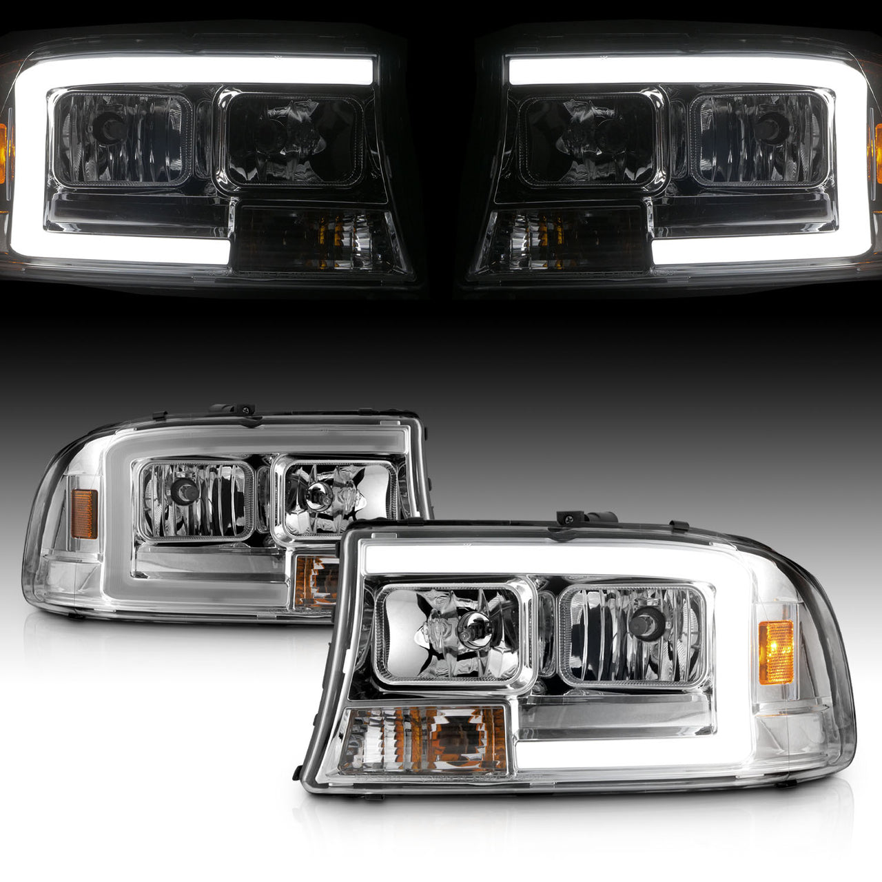DODGE DAKOTA/DURANGO 97-04/98-03 HEADLIGHTS CHROME W/C LIGHT BAR