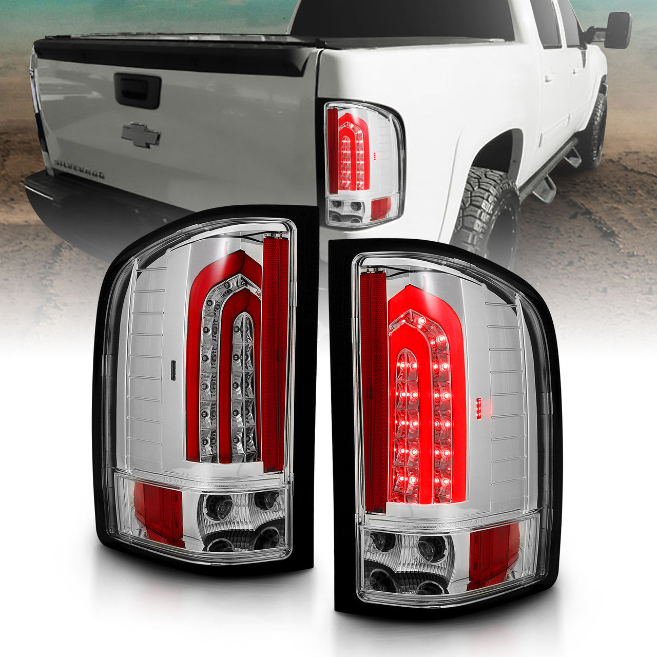 CHEVY SILVERADO 1500/2500/3500 07-10/HYBRID 09/GMC SIERRA 07-09 LED TAIL LIGHTS G4  ALL CHROME (W/ RED LIGHT BAR)