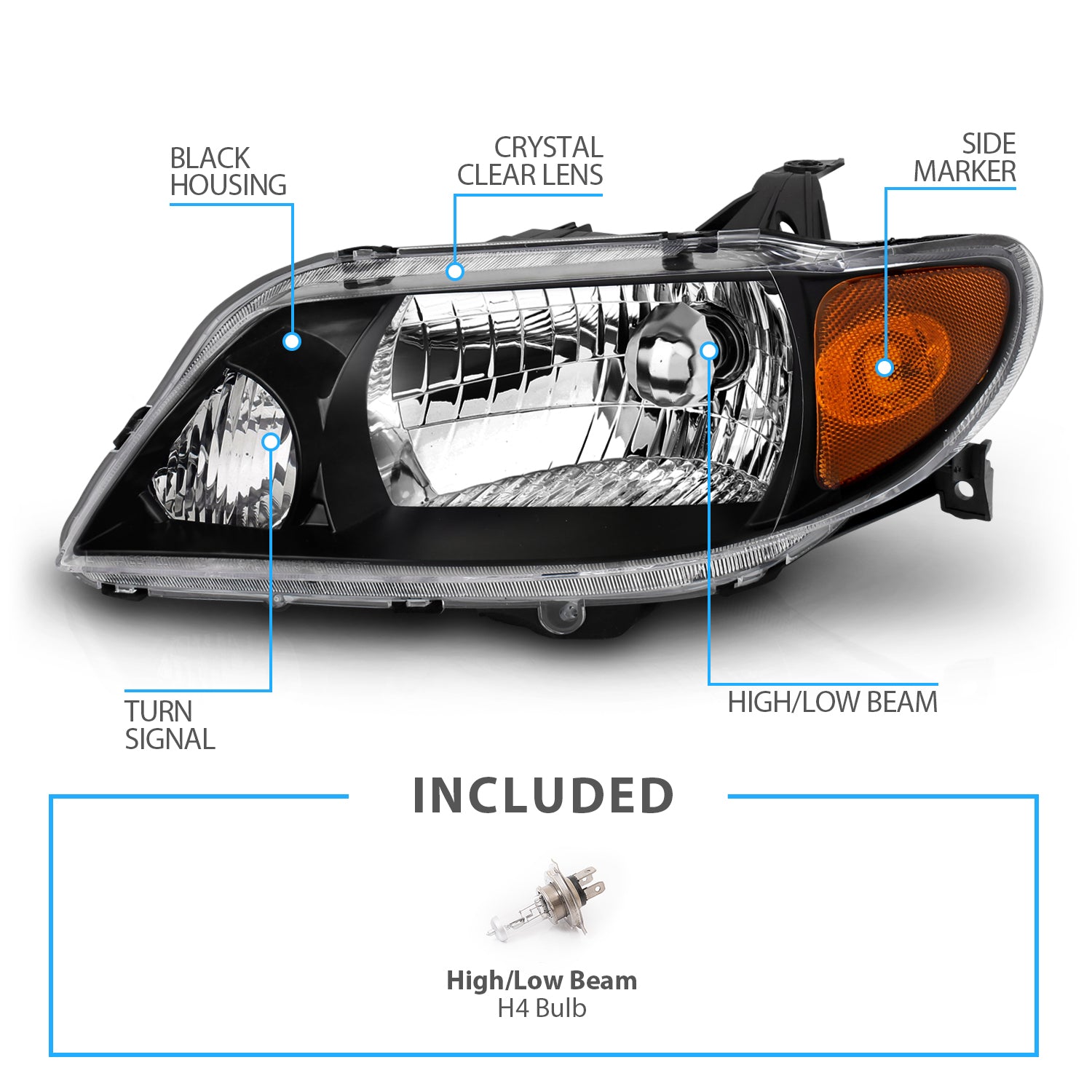 MAZDA PROTEGE 01-03 CRYSTAL HEADLIGHTS BLACK AMBER