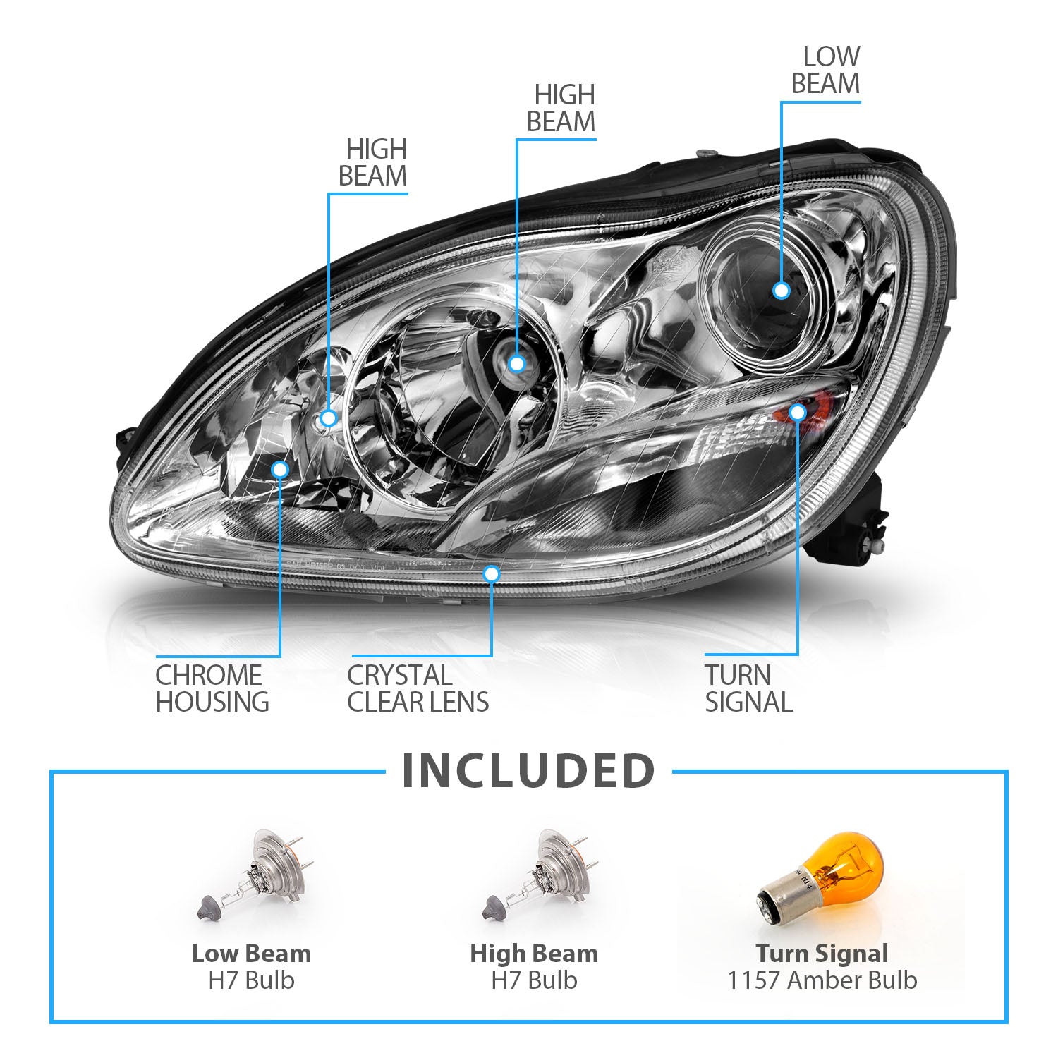 MBZ S CLASS W220 00-05 PROJECTOR HEADLIGHTS CHROME CLEAR