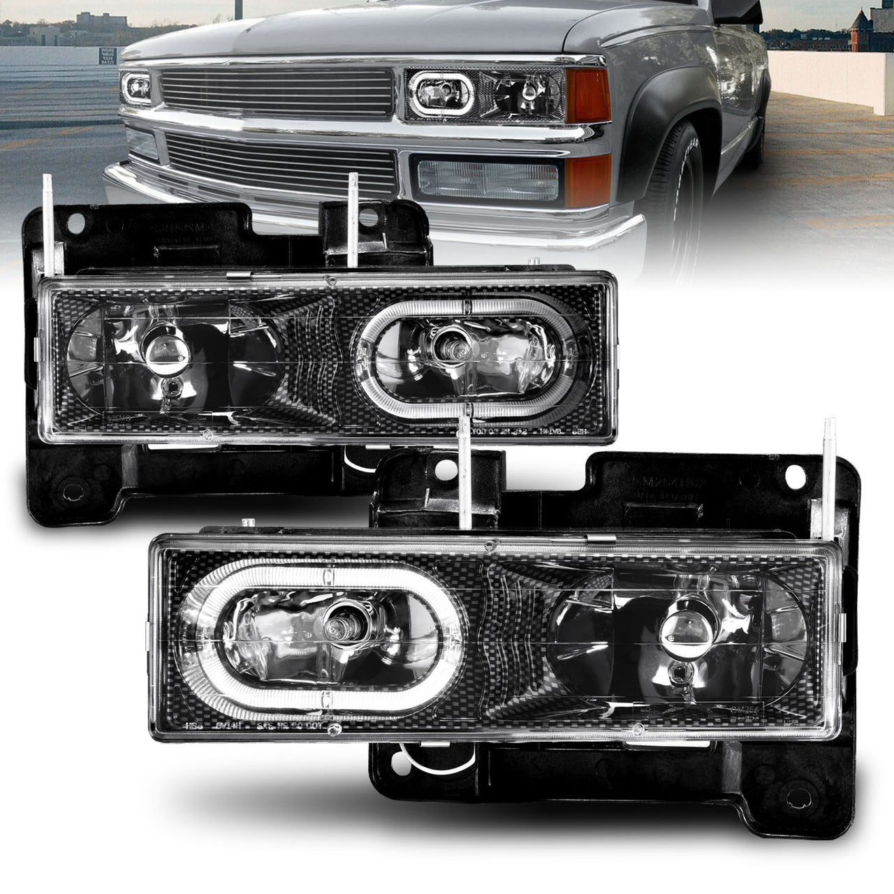 CHEVY FULLSIZE 88-98 CRYSTAL HEADLIGHTS HALO CARBON