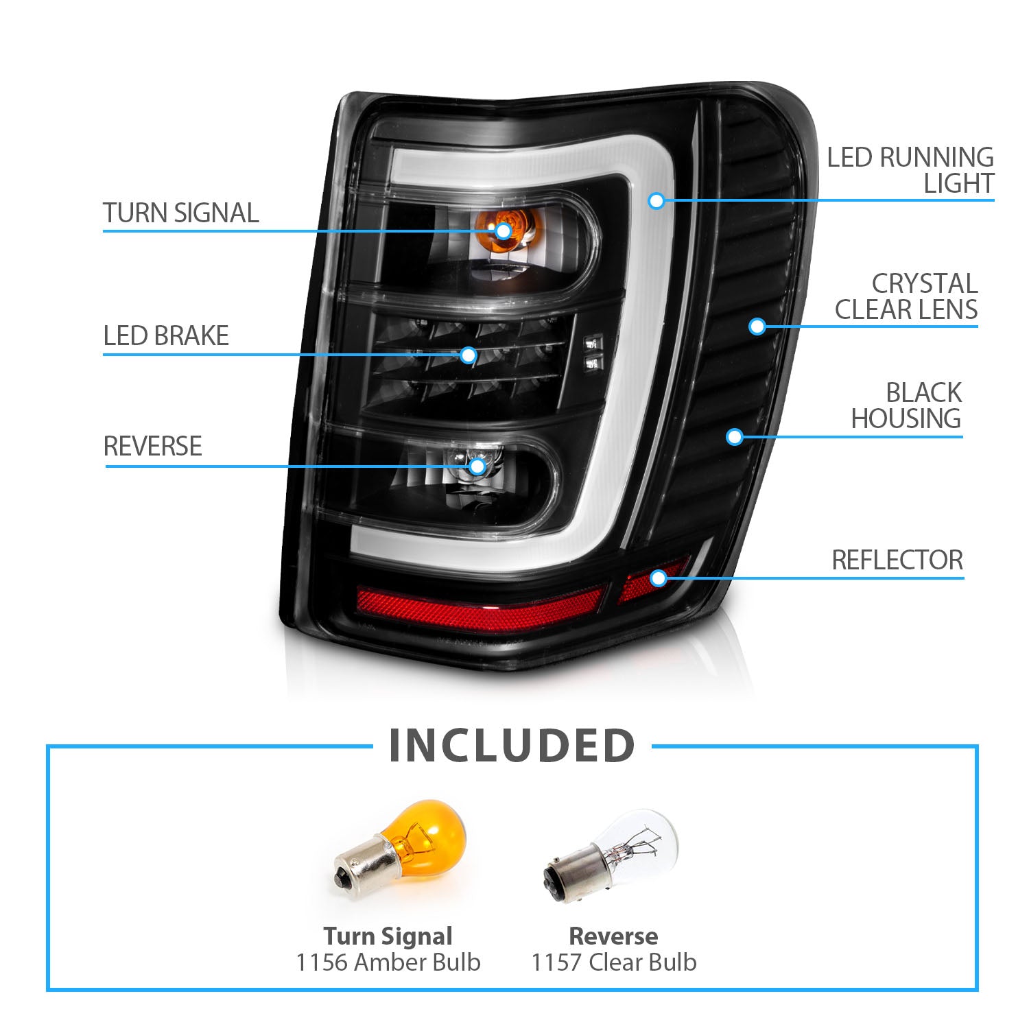 JEEP GRAND CHEROKEE 99-04 LED TAIL LIGHTS BLACK HOUSING CLEAR LENS W/ C LIGHT BAR