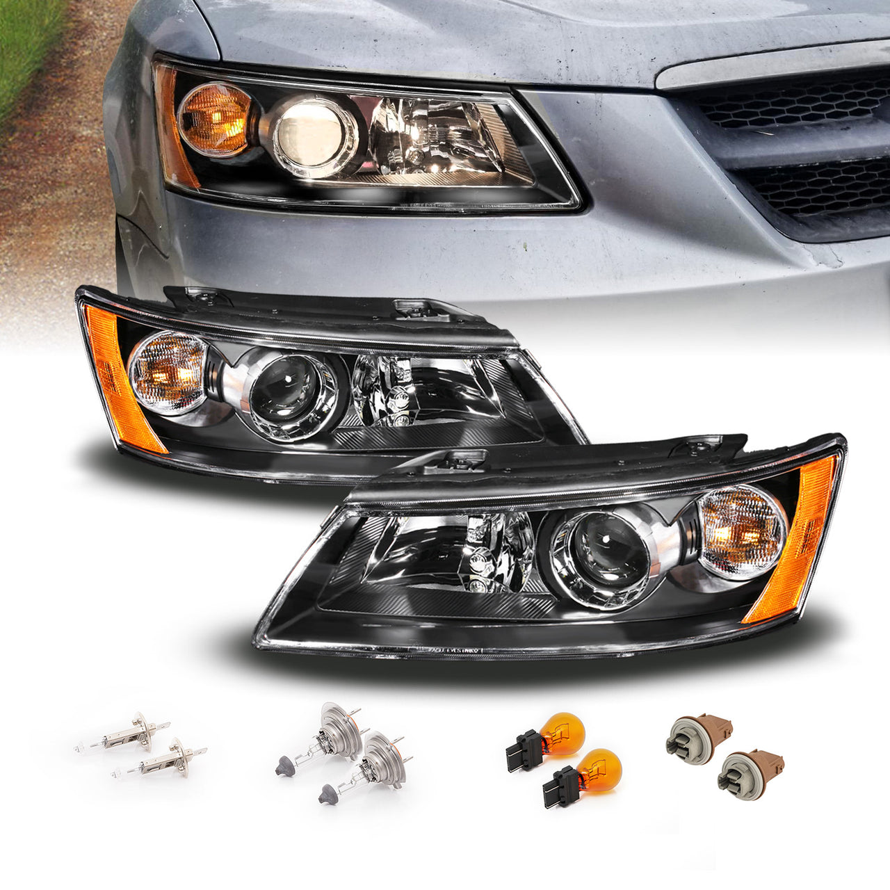 HYUNDAI SONATA 06-08 (2.4/3.3L ENG) HEADLIGHTS BLACK AMBER
