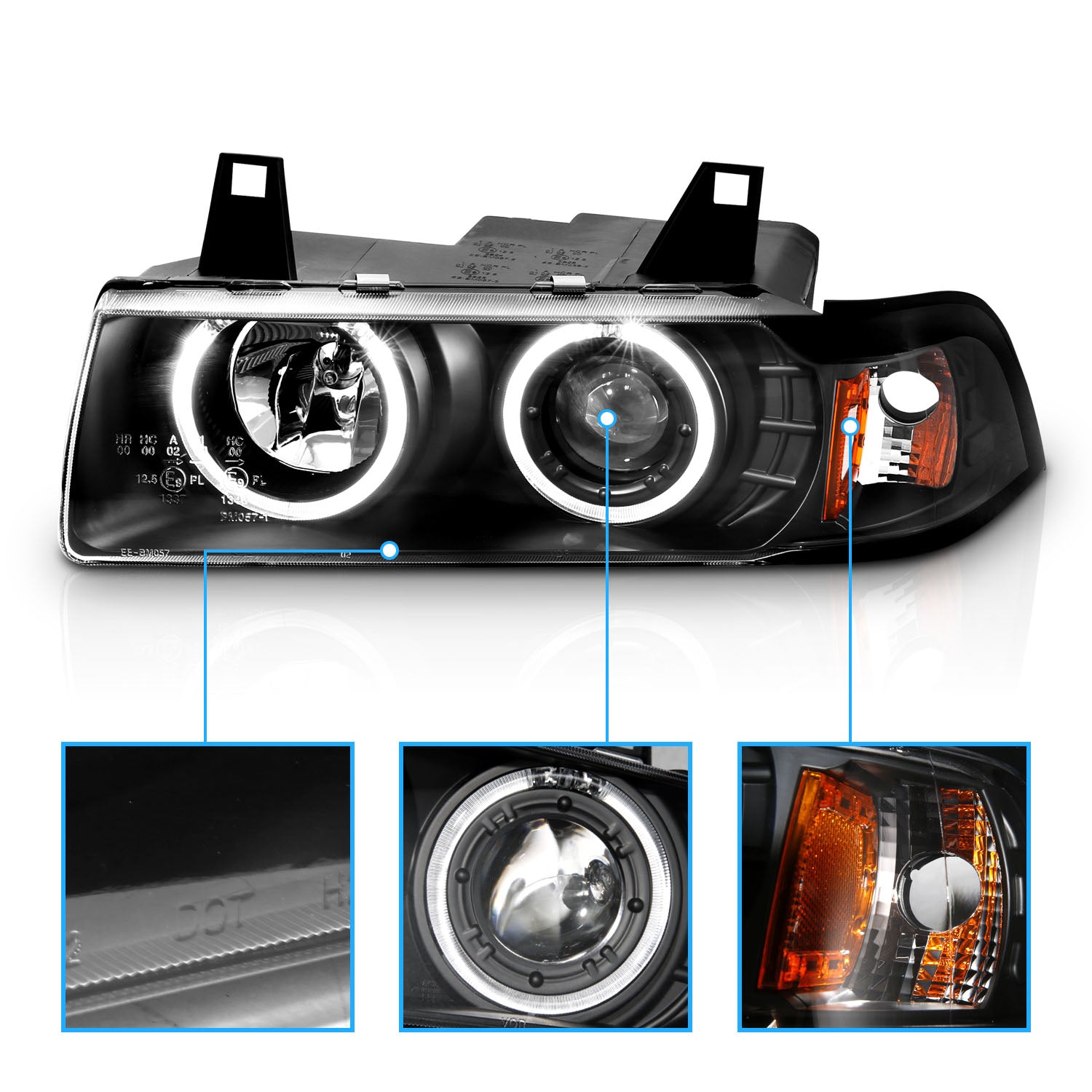 BMW 3 SERIES E36 92-98 2DR 1PC PROJECTOR HEADLIGHTS G2 HALO BLACK CLEAR AMBER