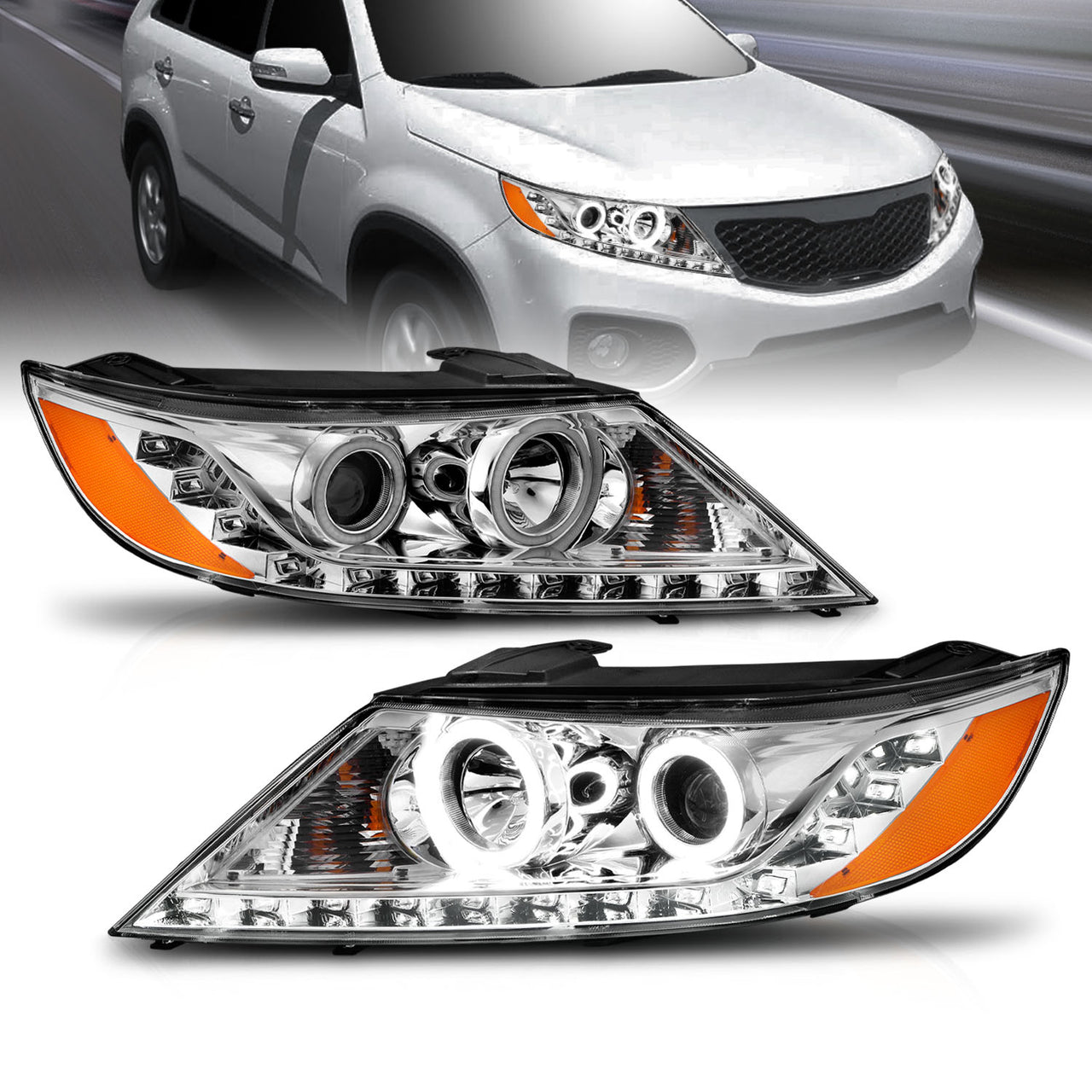 KIA SORENTO 2011 PROJECTOR HEADLIGHTS HALO CHROME CLEAR AMBER (RX HALO)