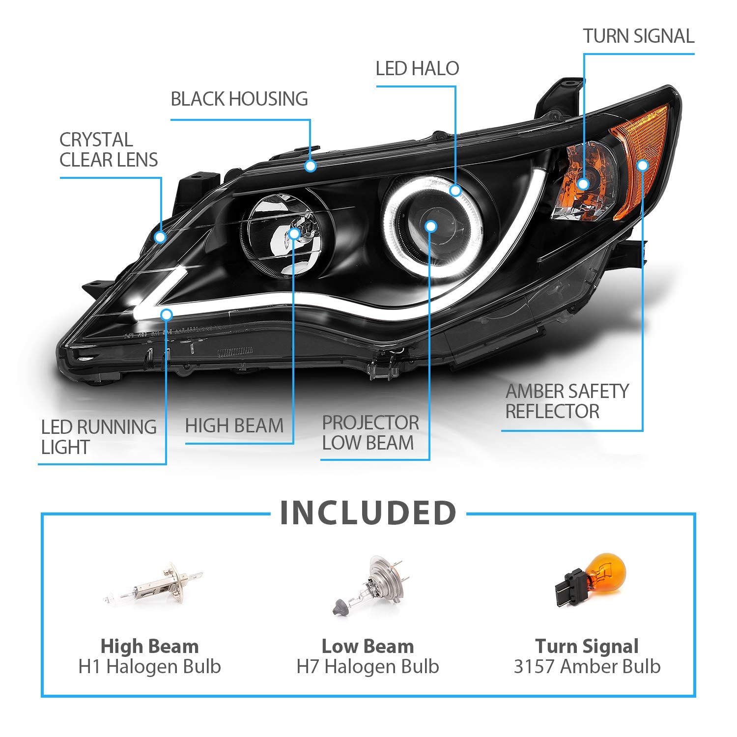 TOYOTA CAMRY 12-13 PROJECTOR HEADLIGHTS HALO BLACK CLEAR AMBER