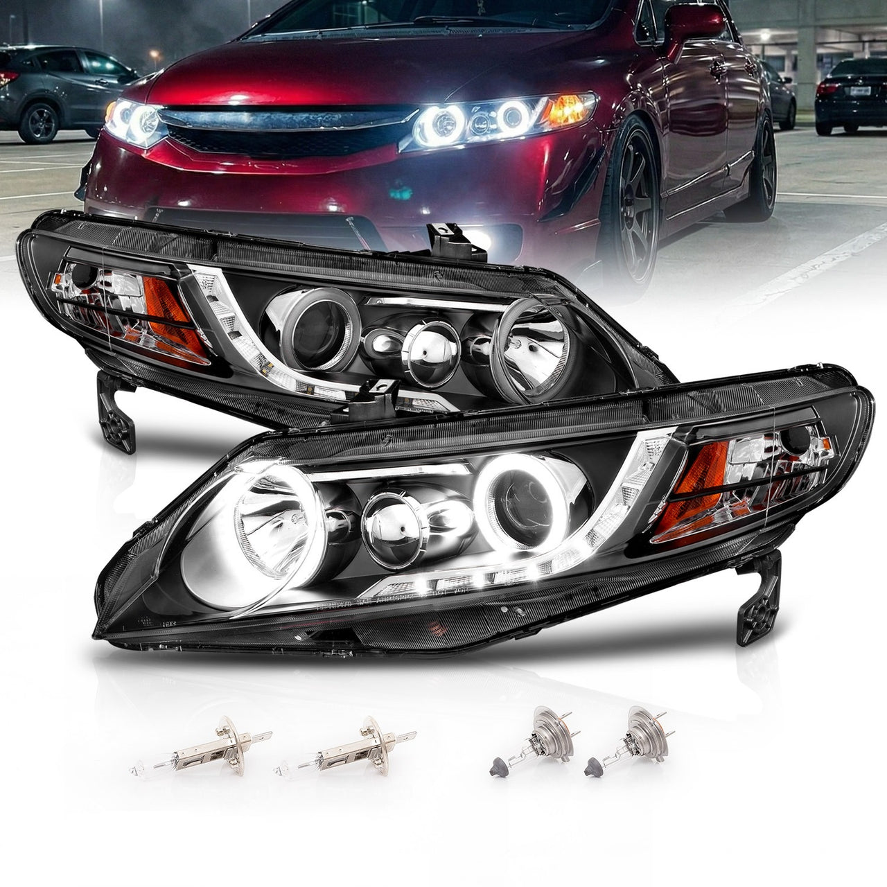 HONDA CIVIC 06-11 4DR/HYBRID PROJECTOR HEADLIGHTS HALO BLACK CLEAR AMBER (RX HALO)