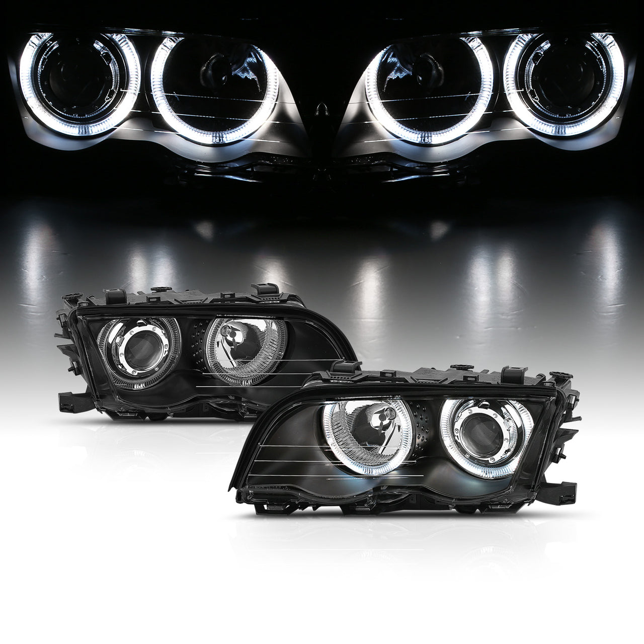 BMW 3 SERIES E46 99-01 4DR PROJECTOR HEADLIGHTS HALO BLACK CLEAR