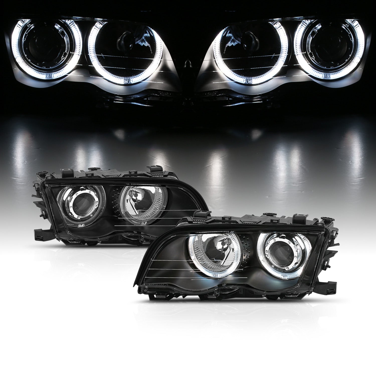 BMW 3 SERIES E46 99-01 4DR PROJECTOR HEADLIGHTS HALO BLACK CLEAR