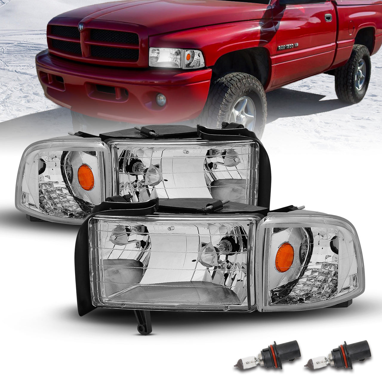 DODGE RAM 94-01 CRYSTAL HEADLIGHTS CHROME AMBER W/ CORNER LIGHTS