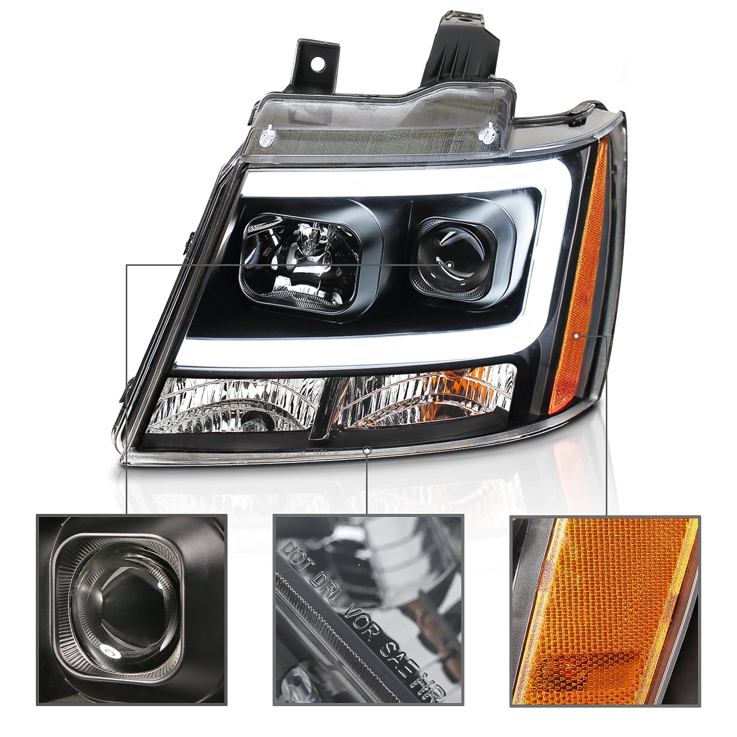 CHEVY TAHOE/SUBURBAN/AVALANCHE 07 PROJECTOR HEADLIGHTS G2 BLACK CLEAR AMBER