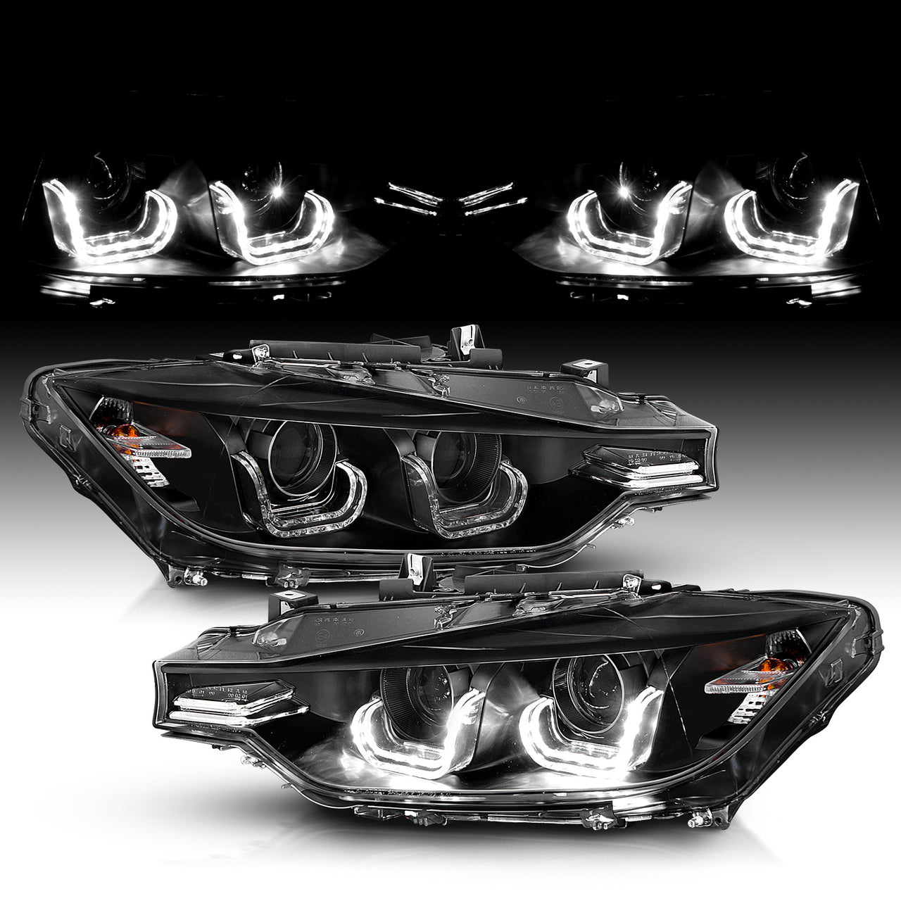 BMW 3 SERIES F30 12-14 4DR PROJECTOR U-BAR STYLE HEADLIGHTS HALO BLACK CLEAR (ONLY FITS W/O MOTOR VERSION)