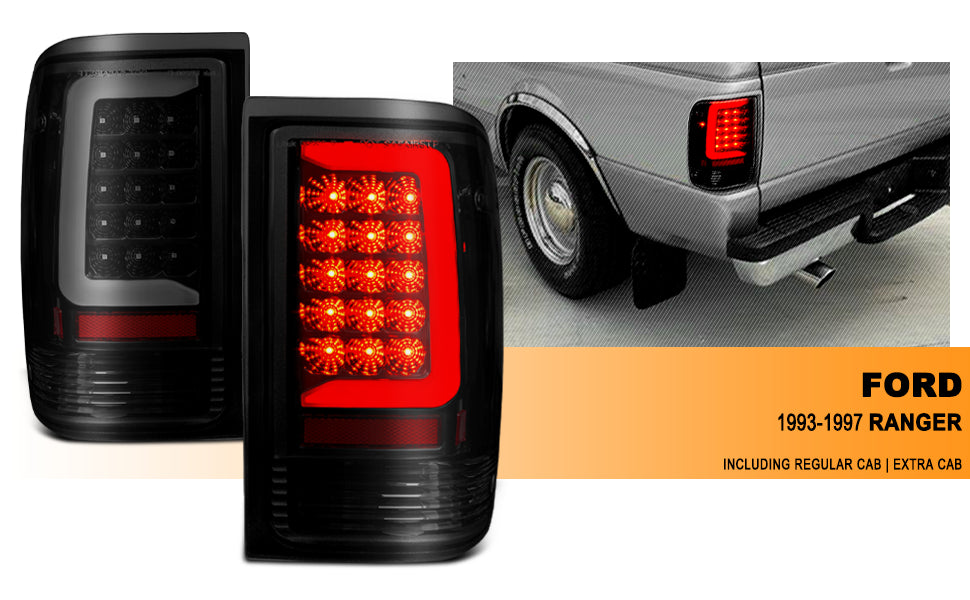 FORD RANGER 93-97 LED TAIL LIGHTS BLACK HOUSING SMOKE LENS (W/ C LIGHT BAR)