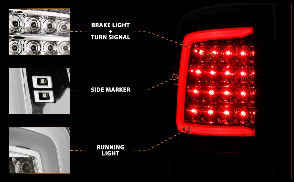 DODGE RAM 1500 09-18/ 2500 3500 10-18 LED TAIL LIGHTS CHROME HOUSING CLEAR LENS W/ C LIGHT BAR (NOT COMPATIBLE W/ ORIGINAL LED VERSION)