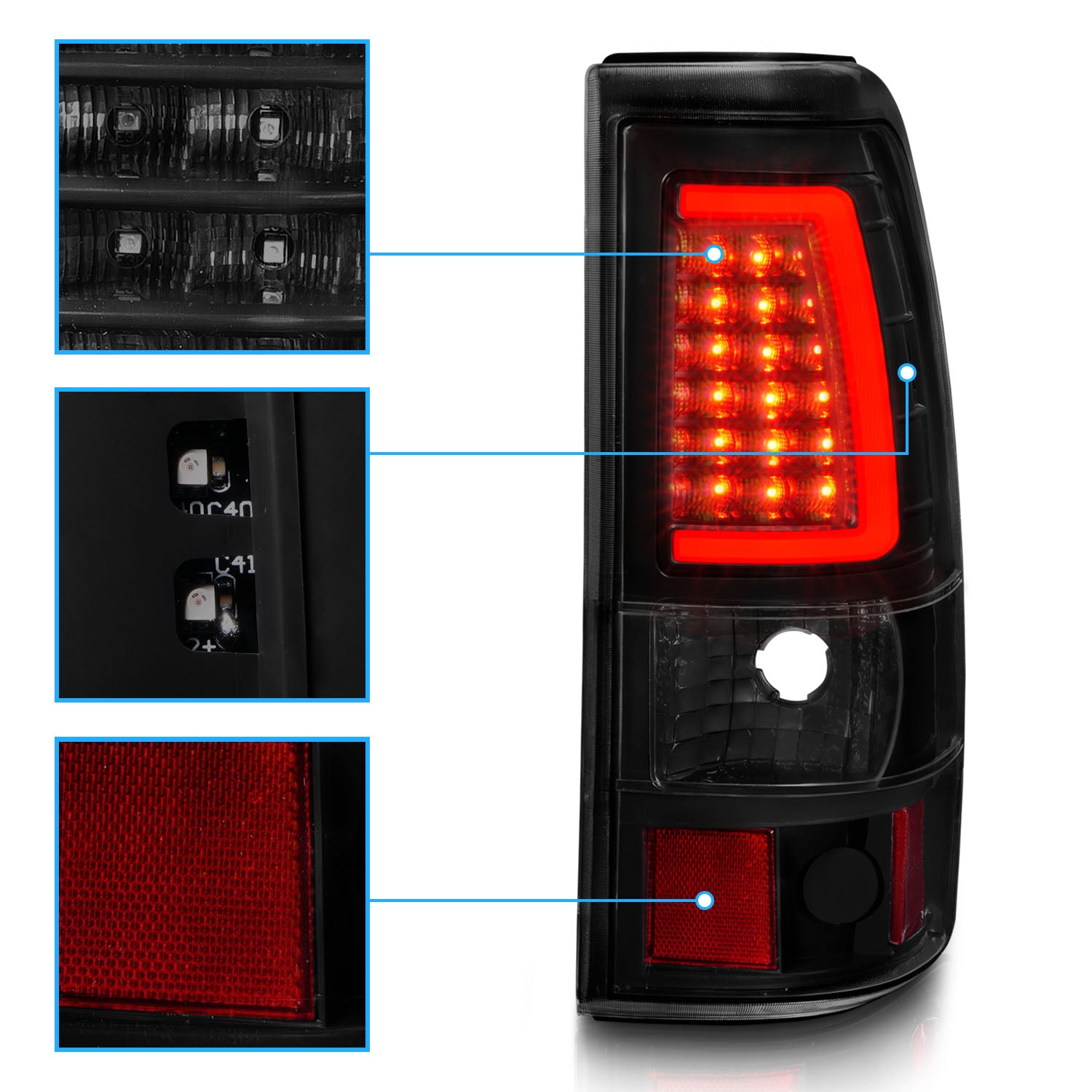 GMC SIERRA 99-07/CHEVY SILVERADO 99-03 (1500/2500 SERIES 99-02 & 3500 SERIES 2003) LED TAIL LIGHTS BLACK HOUSING SMOKE LENS  W/ C LIGHT BAR (3 HOLE)